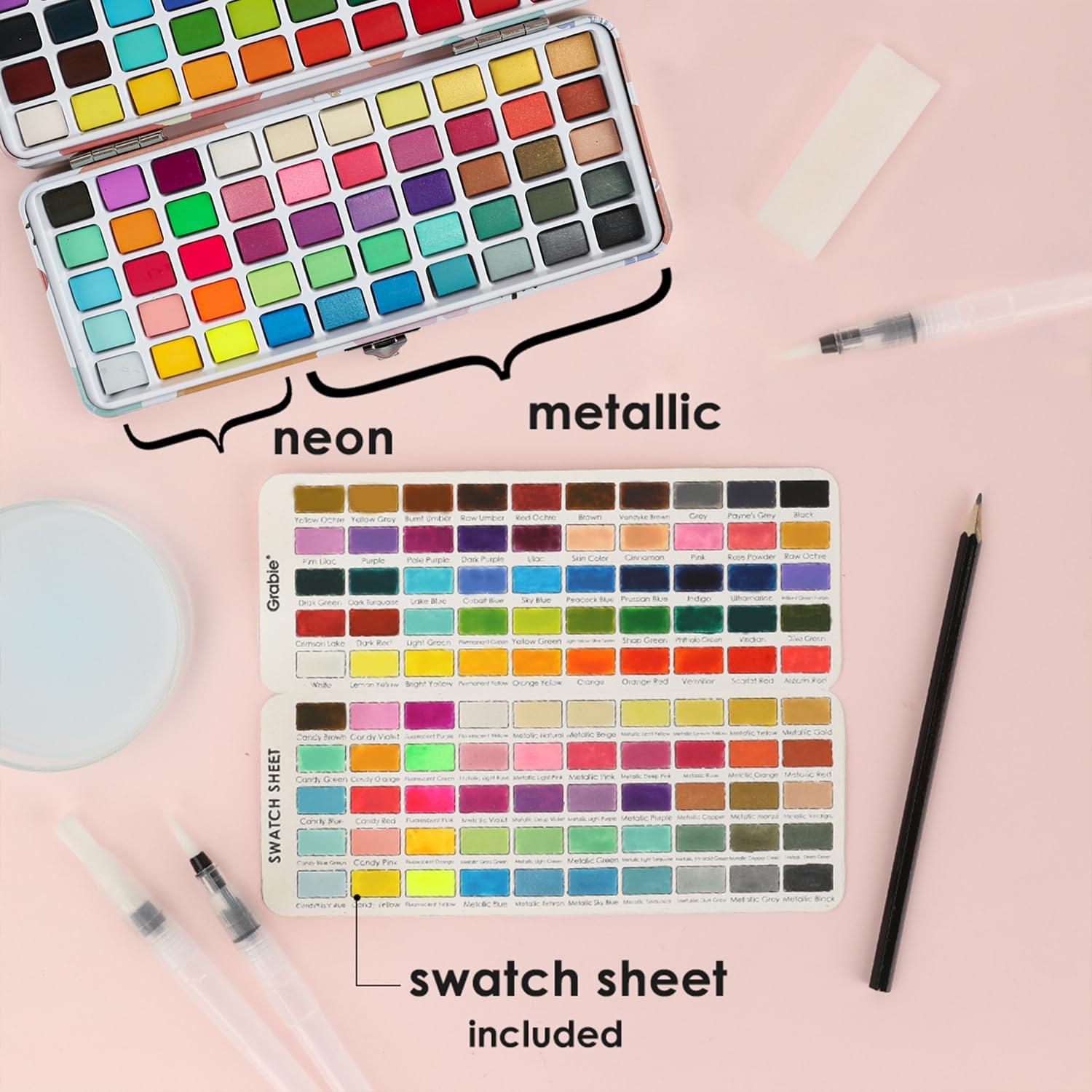 image:imageGrabie 100 Colors Premium AllInOne Watercolor Paint Set 50 Essential 35 Metallic 10 Pastels 5 Neon Hues Portable Case Brush Pens Paper Pad Waterproof Fineliner Pen Beginner amp Professional100 Colors