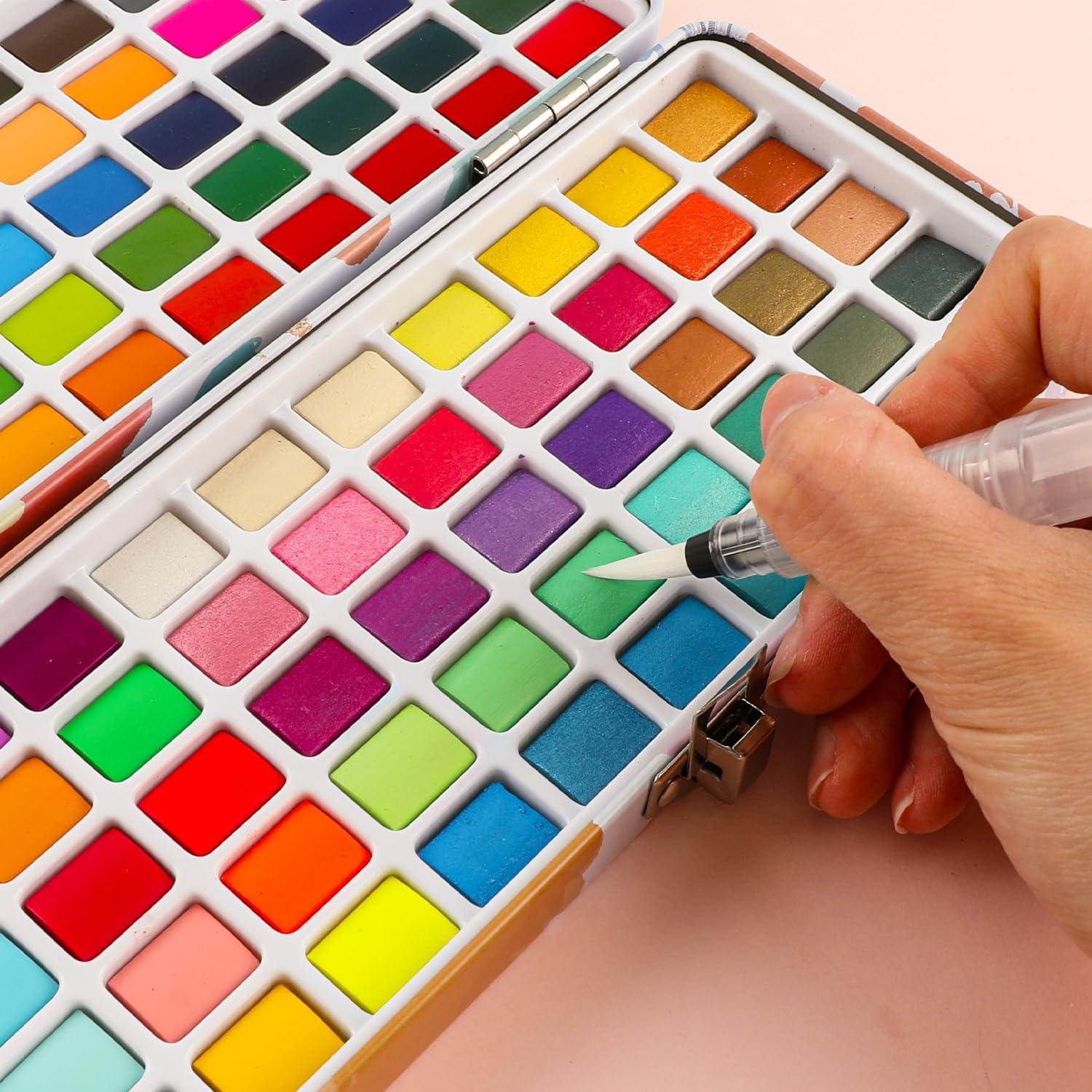 image:imageGrabie 100 Colors Premium AllInOne Watercolor Paint Set 50 Essential 35 Metallic 10 Pastels 5 Neon Hues Portable Case Brush Pens Paper Pad Waterproof Fineliner Pen Beginner amp Professional100 Colors