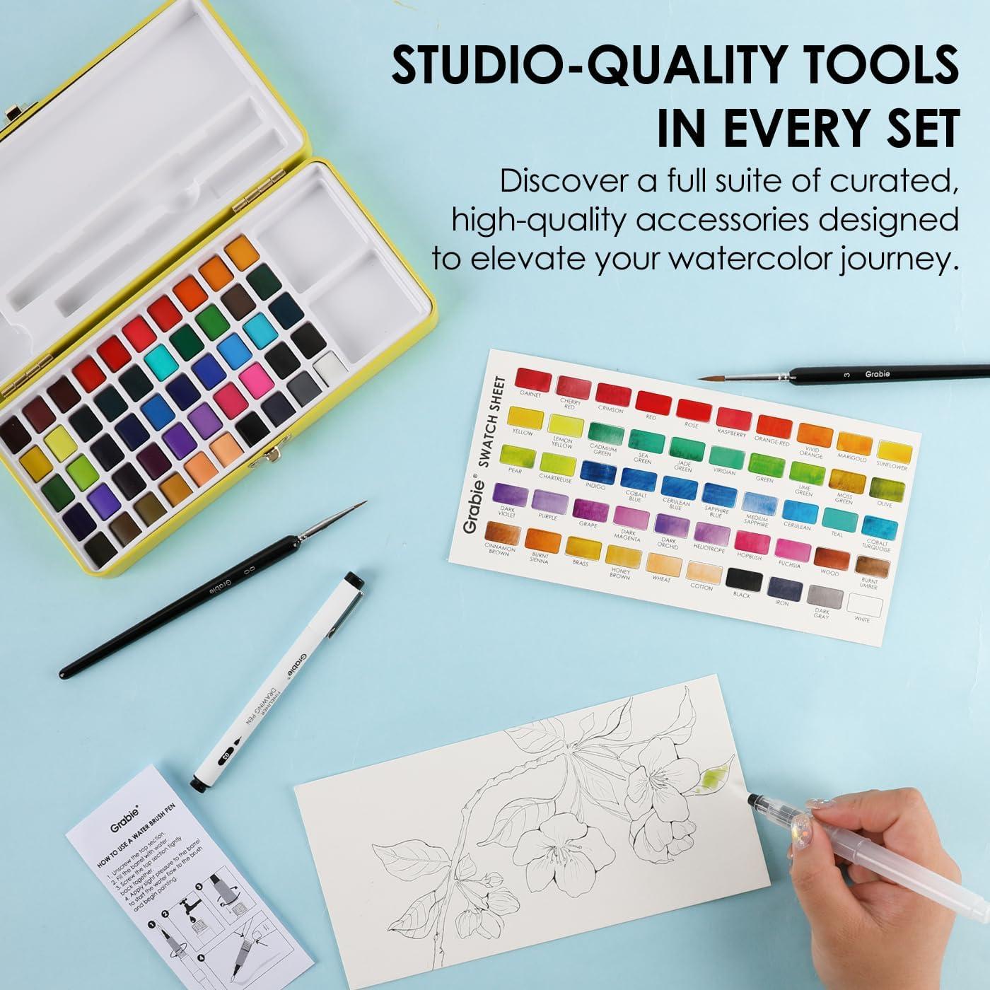 image:imageGrabie 100 Colors Premium AllInOne Watercolor Paint Set 50 Essential 35 Metallic 10 Pastels 5 Neon Hues Portable Case Brush Pens Paper Pad Waterproof Fineliner Pen Beginner amp Professional50 ColorsPremium