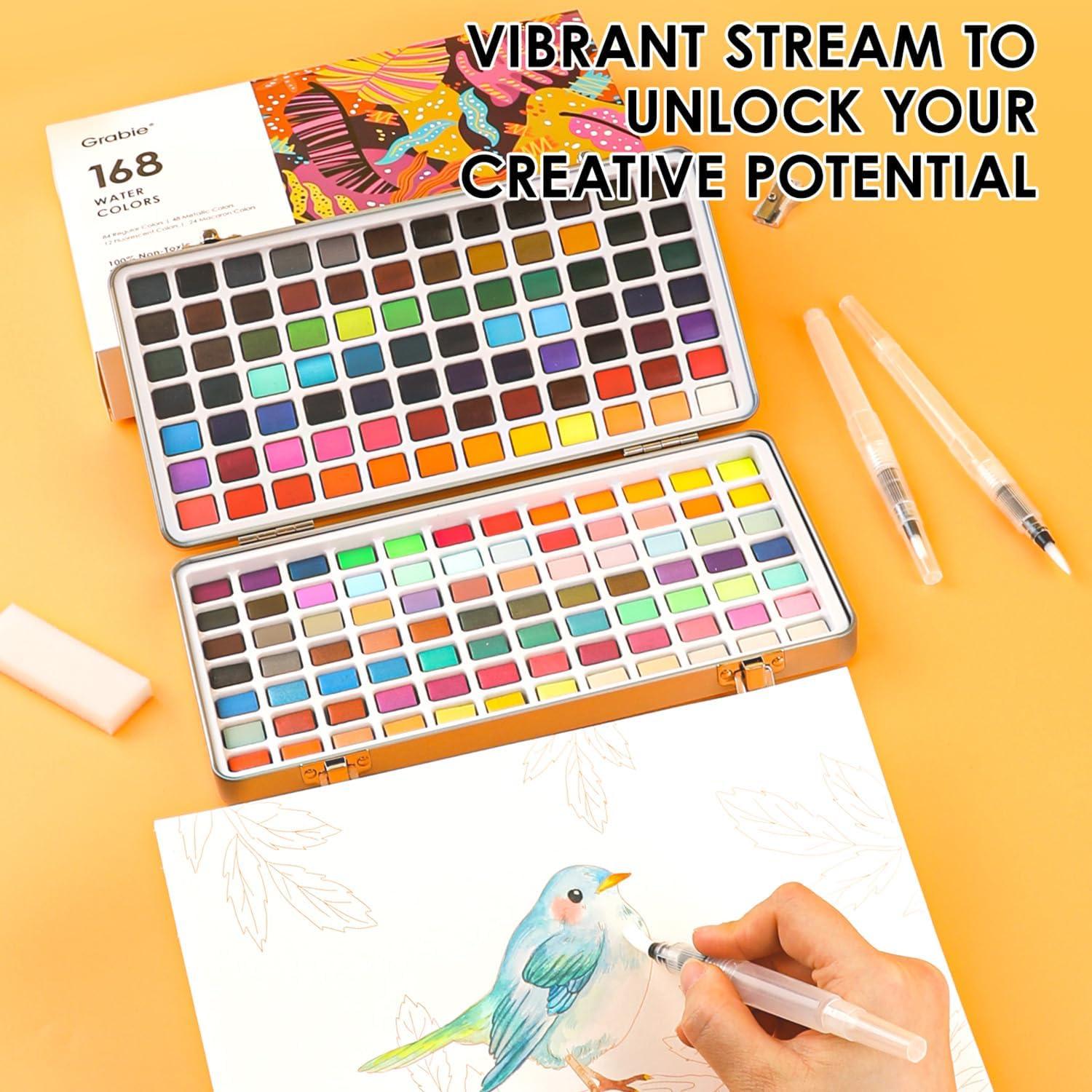 image:imageGrabie 100 Colors Premium AllInOne Watercolor Paint Set 50 Essential 35 Metallic 10 Pastels 5 Neon Hues Portable Case Brush Pens Paper Pad Waterproof Fineliner Pen Beginner amp Professional168 Colors