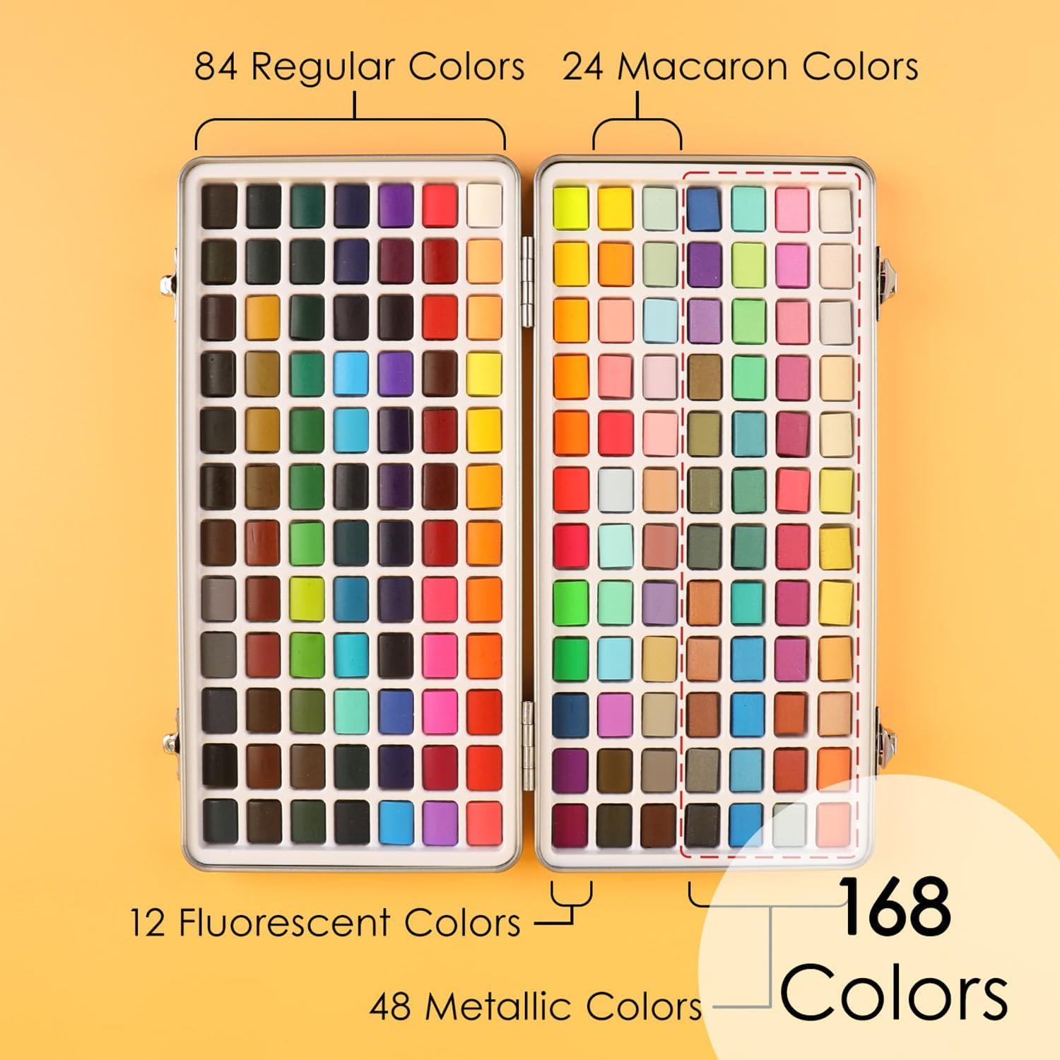 image:imageGrabie 100 Colors Premium AllInOne Watercolor Paint Set 50 Essential 35 Metallic 10 Pastels 5 Neon Hues Portable Case Brush Pens Paper Pad Waterproof Fineliner Pen Beginner amp Professional168 Colors
