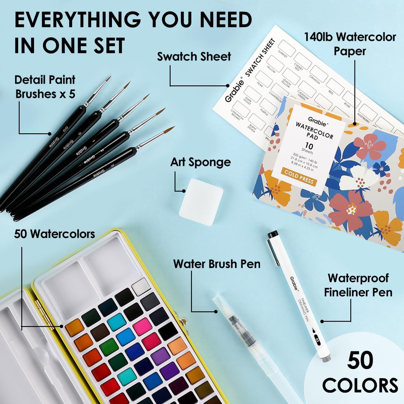 image:imageGrabie 100 Colors Premium AllInOne Watercolor Paint Set 50 Essential 35 Metallic 10 Pastels 5 Neon Hues Portable Case Brush Pens Paper Pad Waterproof Fineliner Pen Beginner amp Professional50 ColorsPremium