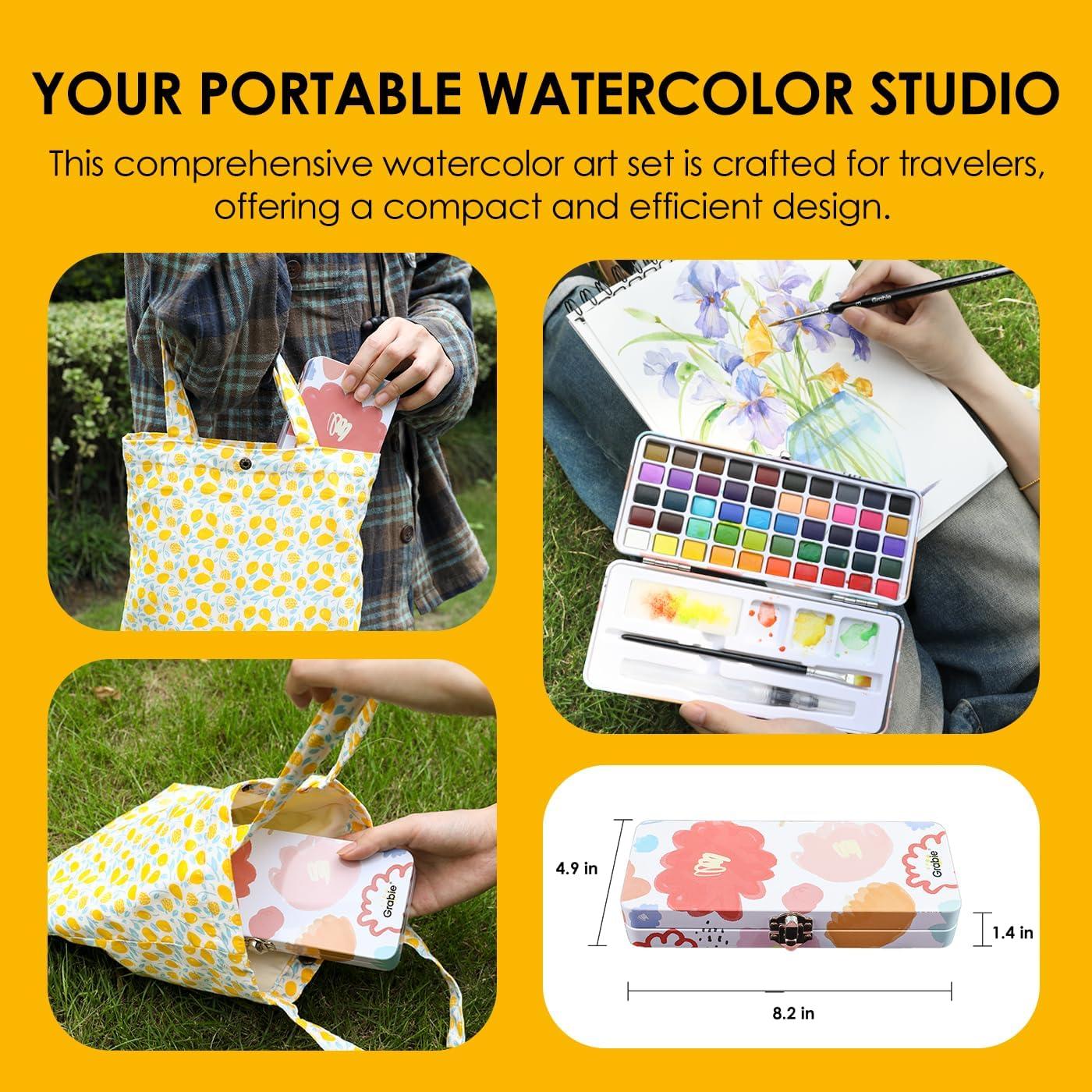 image:imageGrabie 100 Colors Premium AllInOne Watercolor Paint Set 50 Essential 35 Metallic 10 Pastels 5 Neon Hues Portable Case Brush Pens Paper Pad Waterproof Fineliner Pen Beginner amp Professional50 Colors