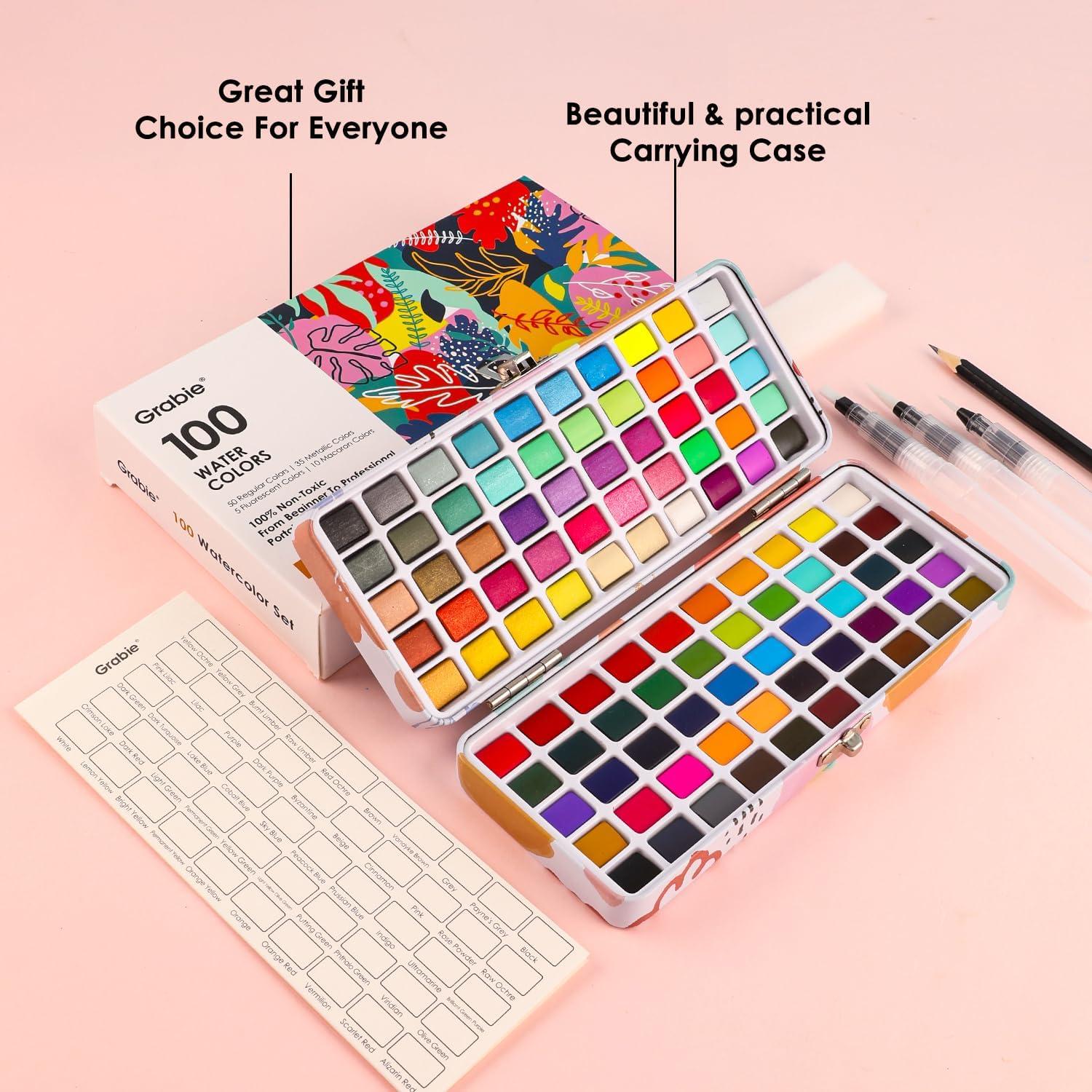 image:imageGrabie 100 Colors Premium AllInOne Watercolor Paint Set 50 Essential 35 Metallic 10 Pastels 5 Neon Hues Portable Case Brush Pens Paper Pad Waterproof Fineliner Pen Beginner amp Professional100 Colors