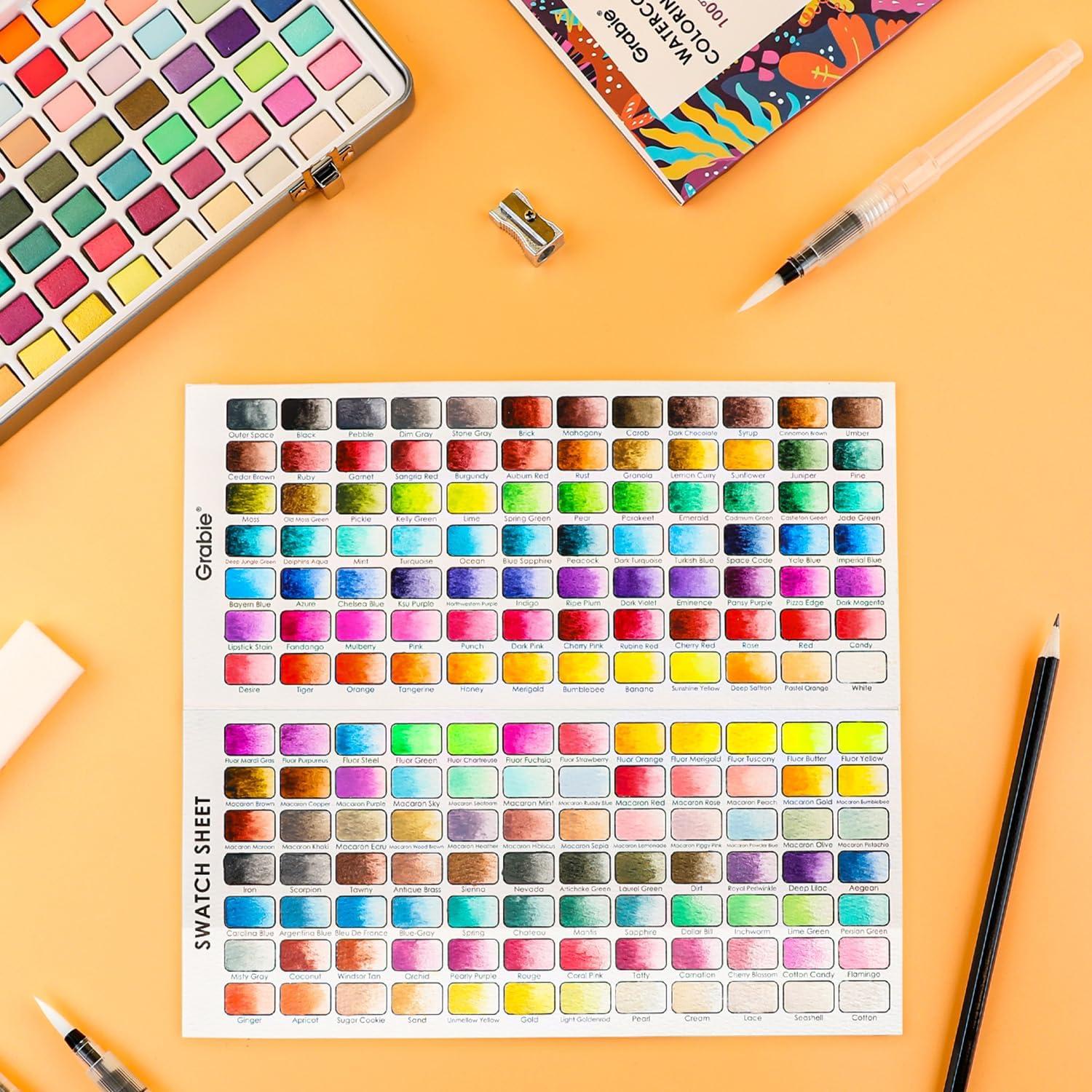 image:imageGrabie 100 Colors Premium AllInOne Watercolor Paint Set 50 Essential 35 Metallic 10 Pastels 5 Neon Hues Portable Case Brush Pens Paper Pad Waterproof Fineliner Pen Beginner amp Professional168 Colors