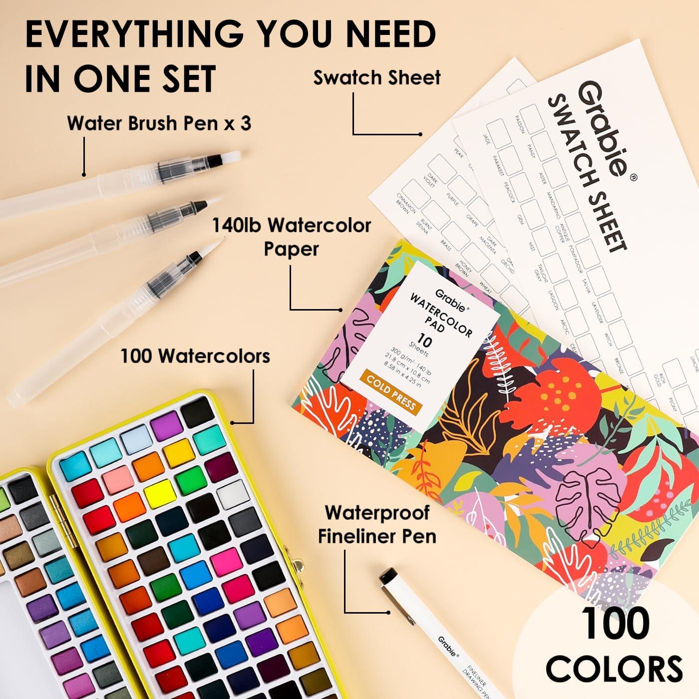 image:imageGrabie 100 Colors Premium AllInOne Watercolor Paint Set 50 Essential 35 Metallic 10 Pastels 5 Neon Hues Portable Case Brush Pens Paper Pad Waterproof Fineliner Pen Beginner amp Professional100 ColorsPremium
