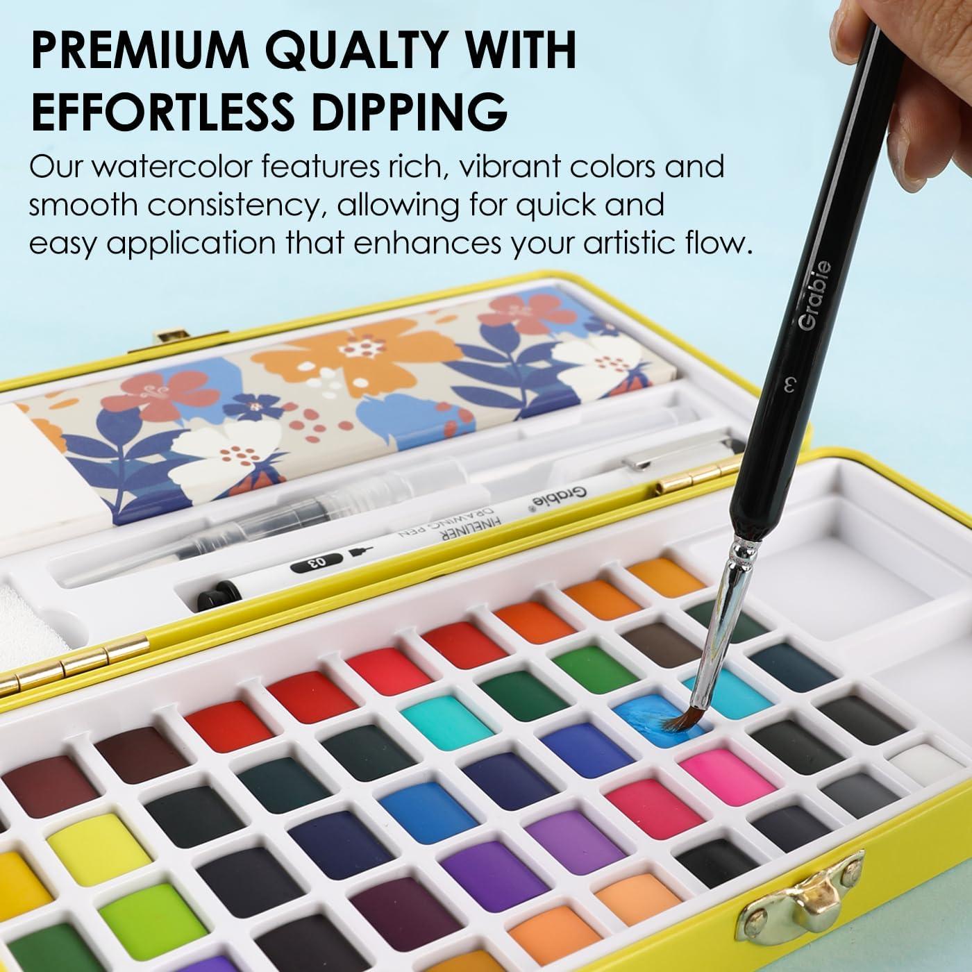 image:imageGrabie 100 Colors Premium AllInOne Watercolor Paint Set 50 Essential 35 Metallic 10 Pastels 5 Neon Hues Portable Case Brush Pens Paper Pad Waterproof Fineliner Pen Beginner amp Professional50 ColorsPremium