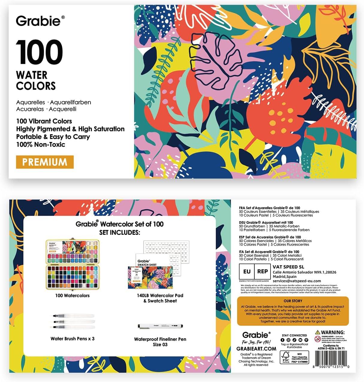 image:imageGrabie 100 Colors Premium AllInOne Watercolor Paint Set 50 Essential 35 Metallic 10 Pastels 5 Neon Hues Portable Case Brush Pens Paper Pad Waterproof Fineliner Pen Beginner amp Professional100 ColorsPremium
