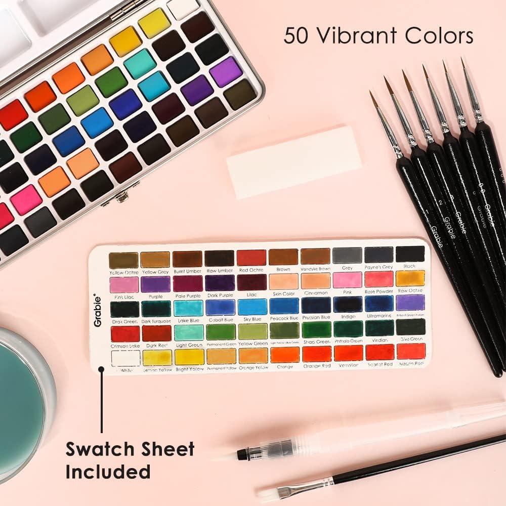 image:imageGrabie 100 Colors Premium AllInOne Watercolor Paint Set 50 Essential 35 Metallic 10 Pastels 5 Neon Hues Portable Case Brush Pens Paper Pad Waterproof Fineliner Pen Beginner amp Professional50 Colors