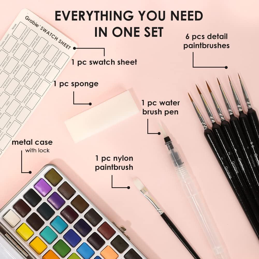 image:imageGrabie 100 Colors Premium AllInOne Watercolor Paint Set 50 Essential 35 Metallic 10 Pastels 5 Neon Hues Portable Case Brush Pens Paper Pad Waterproof Fineliner Pen Beginner amp Professional50 Colors