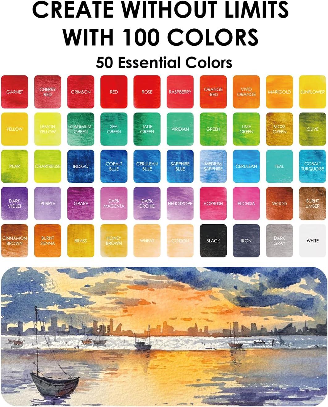 image:imageGrabie 100 Colors Premium AllInOne Watercolor Paint Set 50 Essential 35 Metallic 10 Pastels 5 Neon Hues Portable Case Brush Pens Paper Pad Waterproof Fineliner Pen Beginner amp Professional100 ColorsPremium