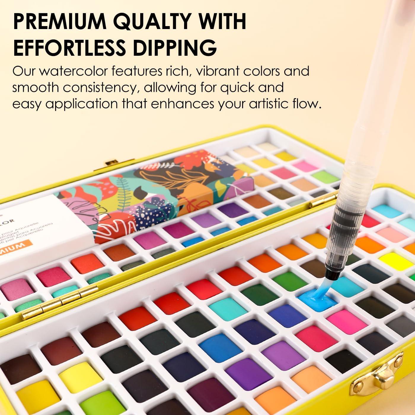 image:imageGrabie 100 Colors Premium AllInOne Watercolor Paint Set 50 Essential 35 Metallic 10 Pastels 5 Neon Hues Portable Case Brush Pens Paper Pad Waterproof Fineliner Pen Beginner amp Professional100 ColorsPremium