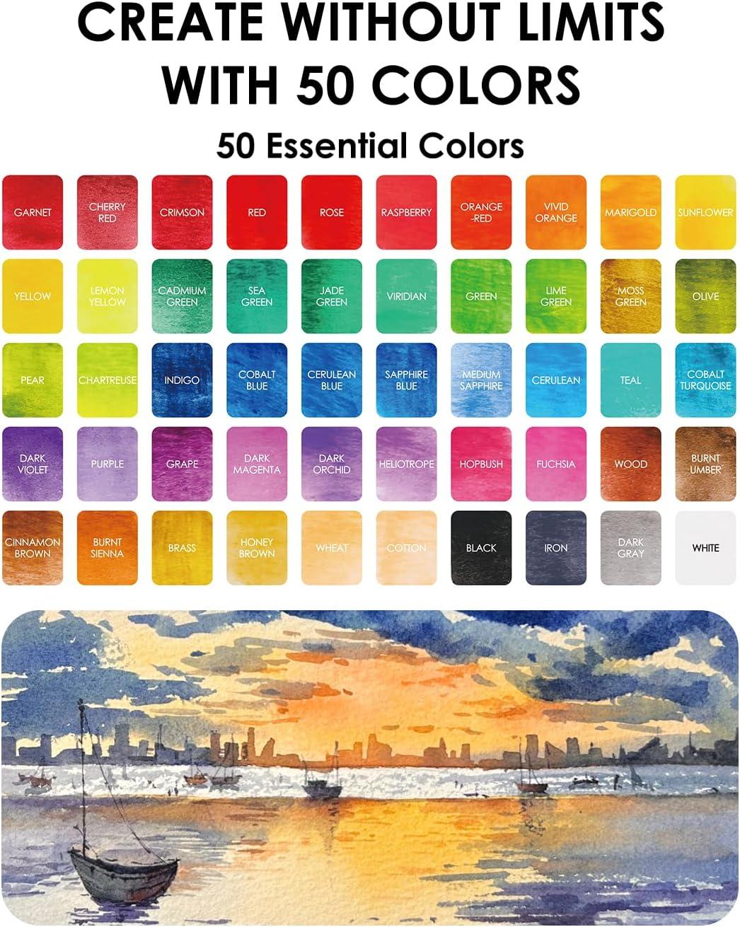 image:imageGrabie 100 Colors Premium AllInOne Watercolor Paint Set 50 Essential 35 Metallic 10 Pastels 5 Neon Hues Portable Case Brush Pens Paper Pad Waterproof Fineliner Pen Beginner amp Professional50 ColorsPremium