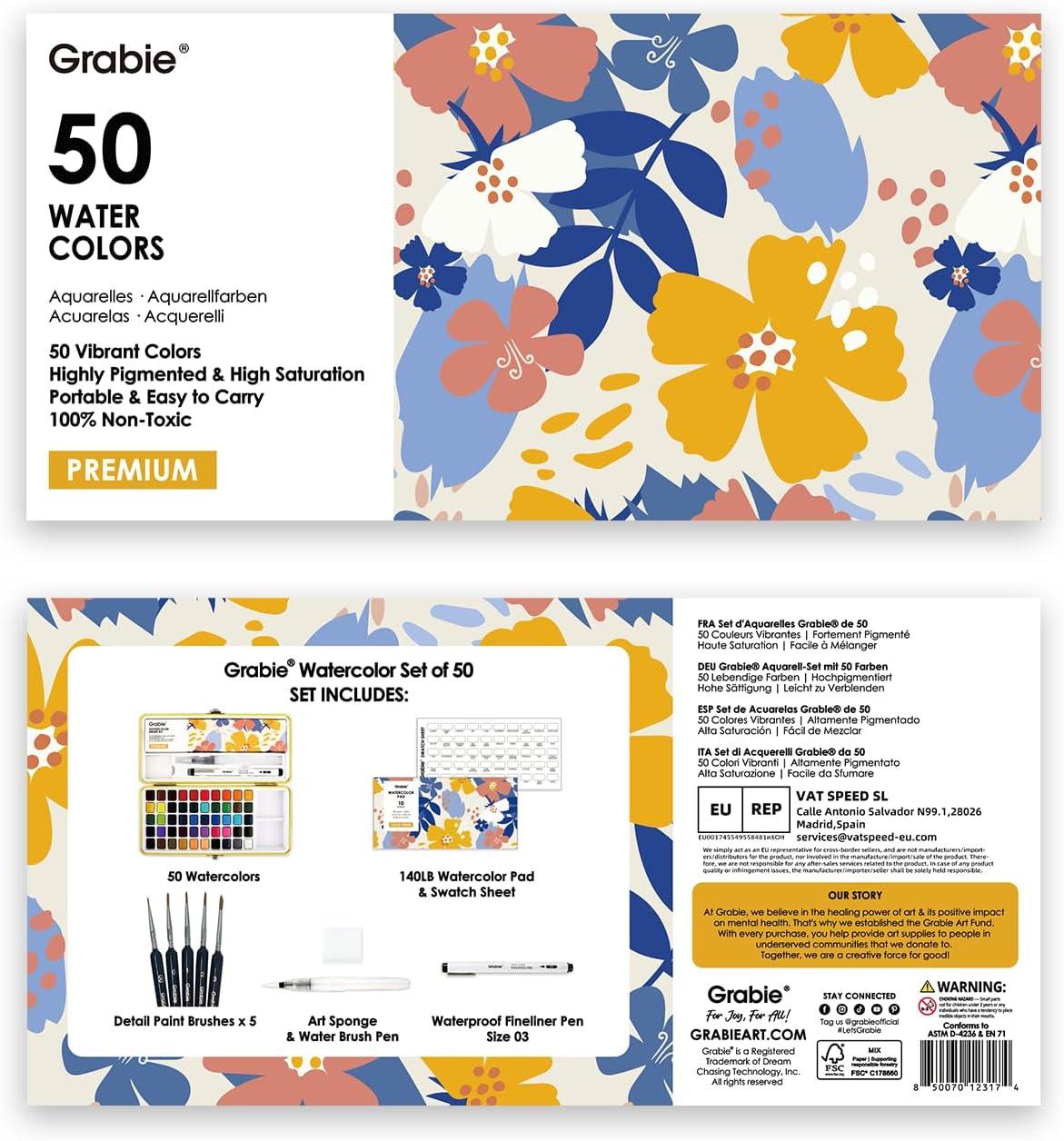 image:imageGrabie 100 Colors Premium AllInOne Watercolor Paint Set 50 Essential 35 Metallic 10 Pastels 5 Neon Hues Portable Case Brush Pens Paper Pad Waterproof Fineliner Pen Beginner amp Professional50 ColorsPremium