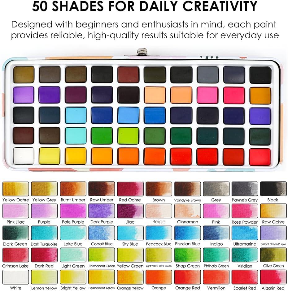 image:imageGrabie 100 Colors Premium AllInOne Watercolor Paint Set 50 Essential 35 Metallic 10 Pastels 5 Neon Hues Portable Case Brush Pens Paper Pad Waterproof Fineliner Pen Beginner amp Professional50 Colors