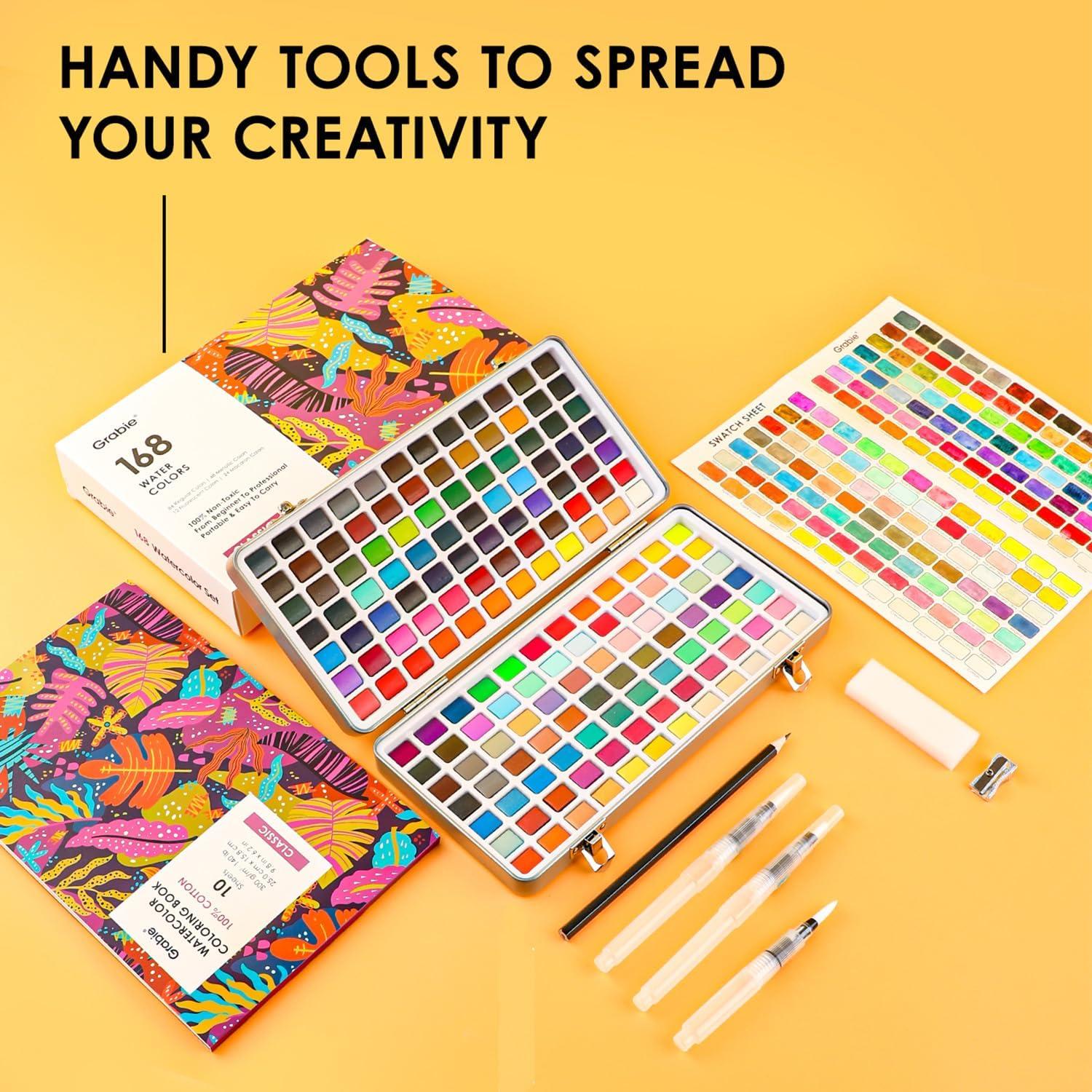 image:imageGrabie 100 Colors Premium AllInOne Watercolor Paint Set 50 Essential 35 Metallic 10 Pastels 5 Neon Hues Portable Case Brush Pens Paper Pad Waterproof Fineliner Pen Beginner amp Professional168 Colors