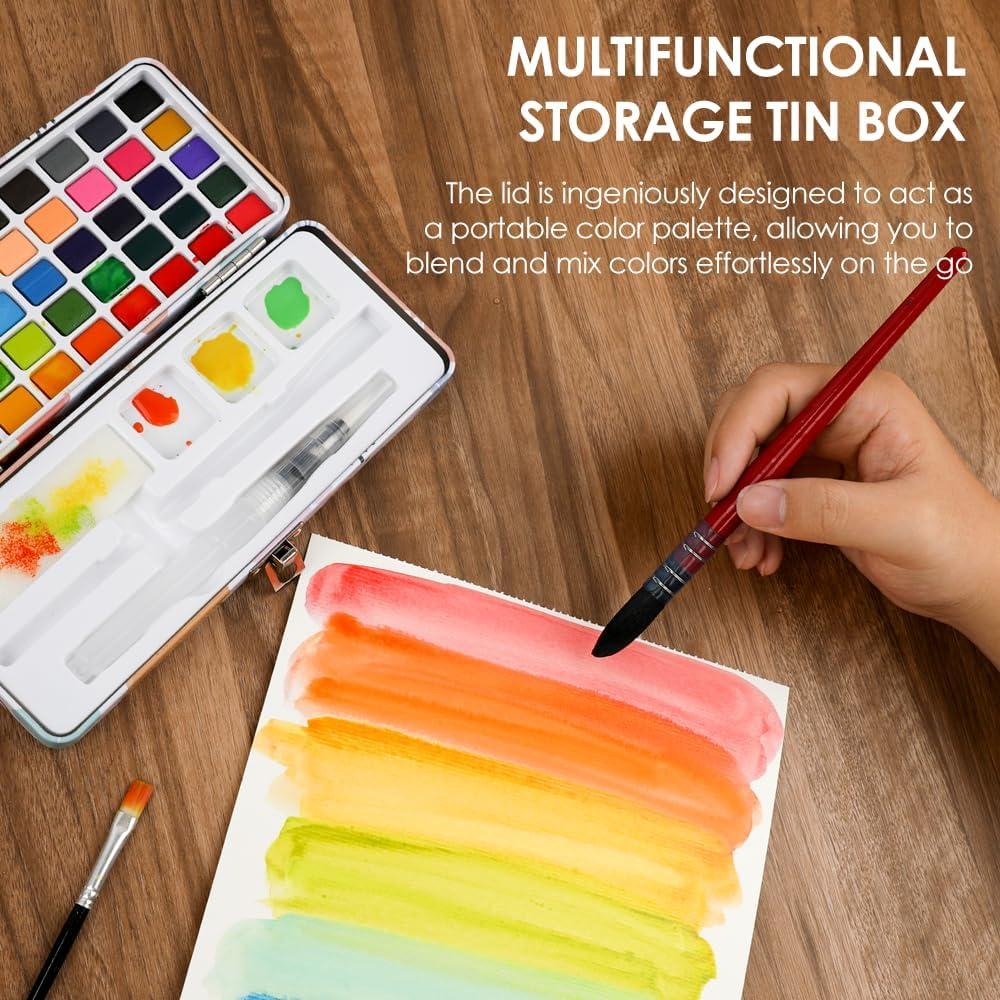 image:imageGrabie 100 Colors Premium AllInOne Watercolor Paint Set 50 Essential 35 Metallic 10 Pastels 5 Neon Hues Portable Case Brush Pens Paper Pad Waterproof Fineliner Pen Beginner amp Professional50 Colors