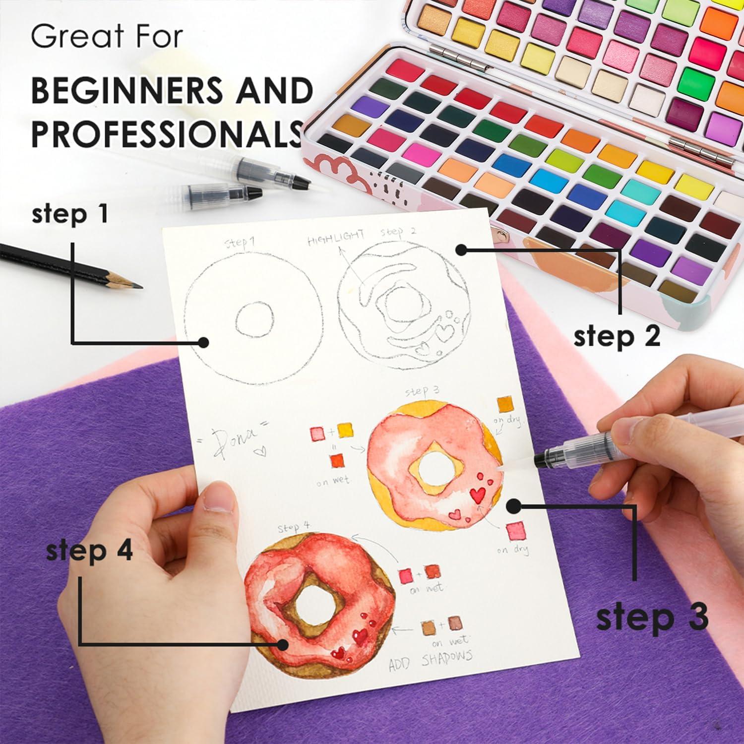 image:imageGrabie 100 Colors Premium AllInOne Watercolor Paint Set 50 Essential 35 Metallic 10 Pastels 5 Neon Hues Portable Case Brush Pens Paper Pad Waterproof Fineliner Pen Beginner amp Professional100 Colors
