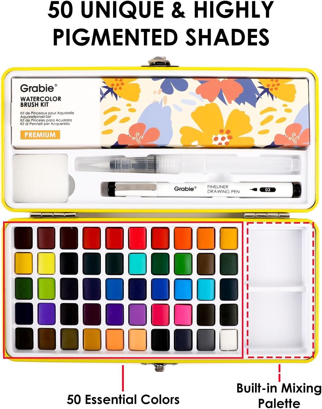 image:imageGrabie 100 Colors Premium AllInOne Watercolor Paint Set 50 Essential 35 Metallic 10 Pastels 5 Neon Hues Portable Case Brush Pens Paper Pad Waterproof Fineliner Pen Beginner amp Professional50 ColorsPremium