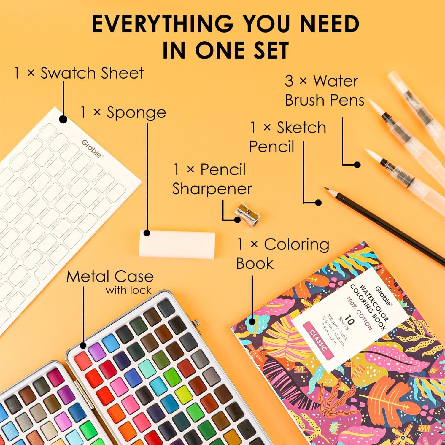 image:imageGrabie 100 Colors Premium AllInOne Watercolor Paint Set 50 Essential 35 Metallic 10 Pastels 5 Neon Hues Portable Case Brush Pens Paper Pad Waterproof Fineliner Pen Beginner amp Professional168 Colors