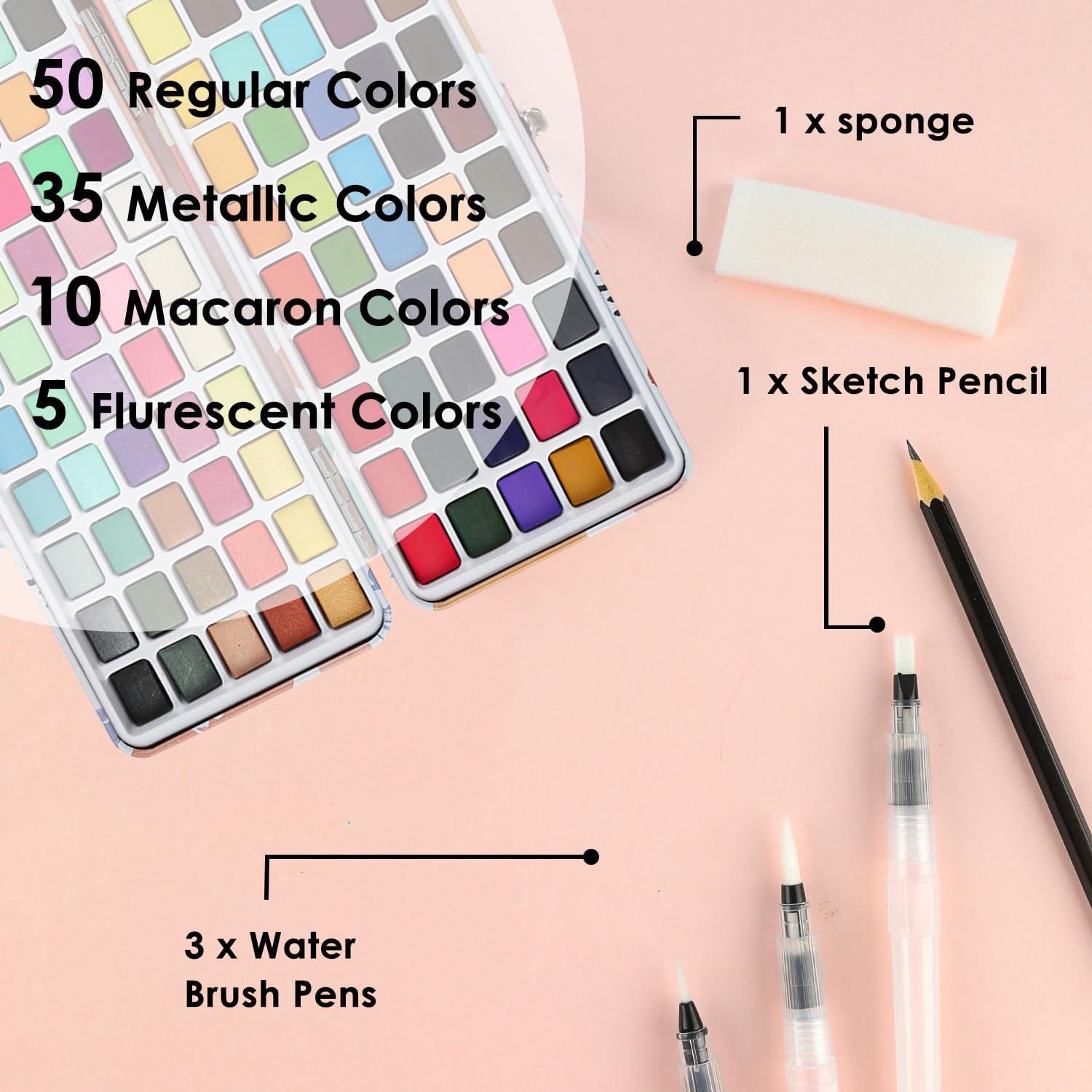 image:imageGrabie 100 Colors Premium AllInOne Watercolor Paint Set 50 Essential 35 Metallic 10 Pastels 5 Neon Hues Portable Case Brush Pens Paper Pad Waterproof Fineliner Pen Beginner amp Professional100 Colors