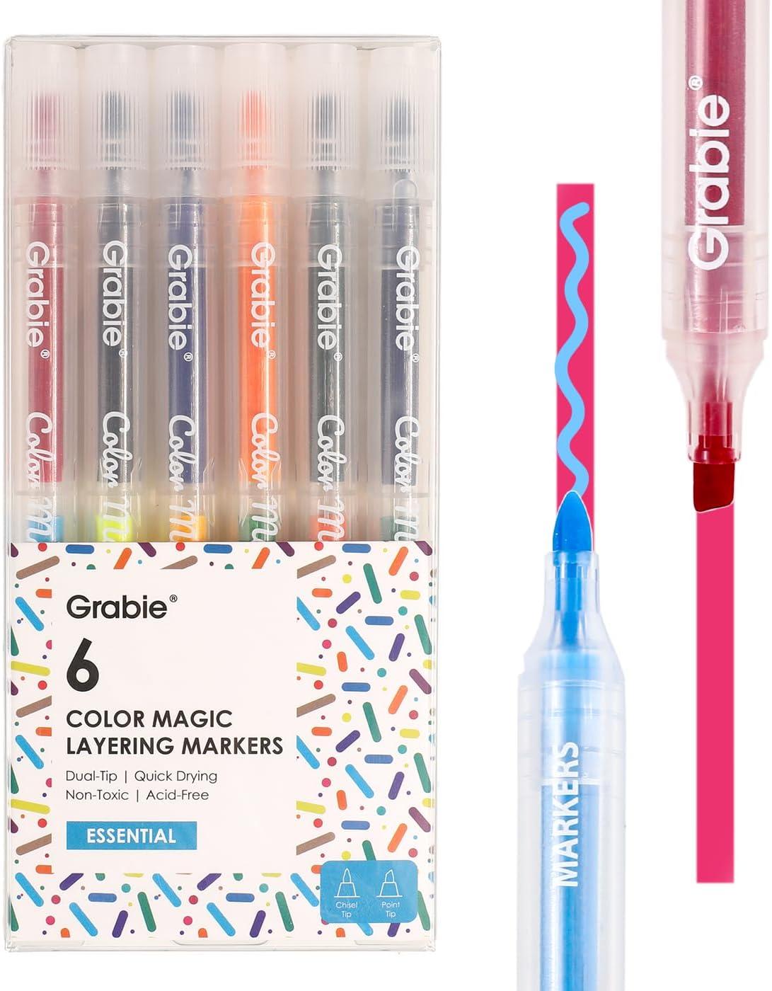 image:imageGrabie 24 Colors Magic Layering Markers12 Double Sided Color Changing Highlighter Pens4mm Chisel Tip amp 1mm Point Tip Dual Tip Magic Markers No Bleed Quick Drying2 Sets 6pcs Value Bundle
