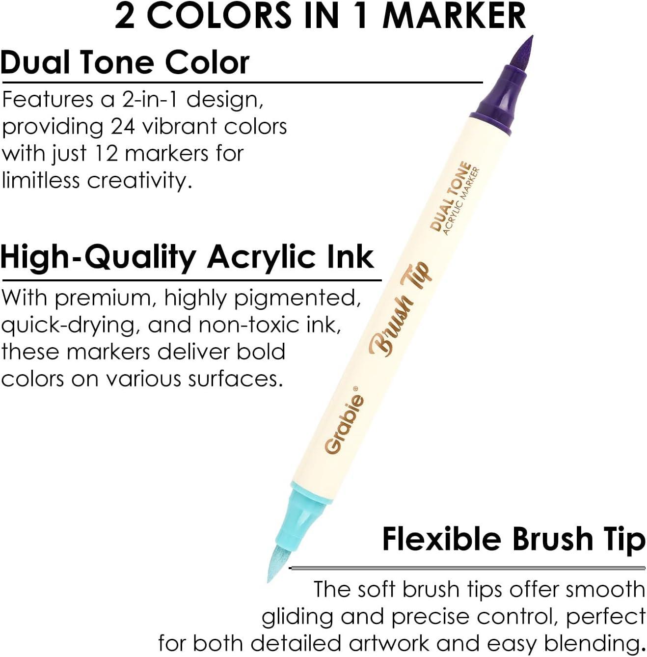 image:imageGrabie 72 Colors Acrylic Paint Markers Soft Brush Tip Acrylic Markers Set Water Based Acrylic Markers for Wood Fabric Canvas Glass Stone Rock Painting and DIY Crafts Art Supplies Set of 36A12Pcs24Dual Tone Colors