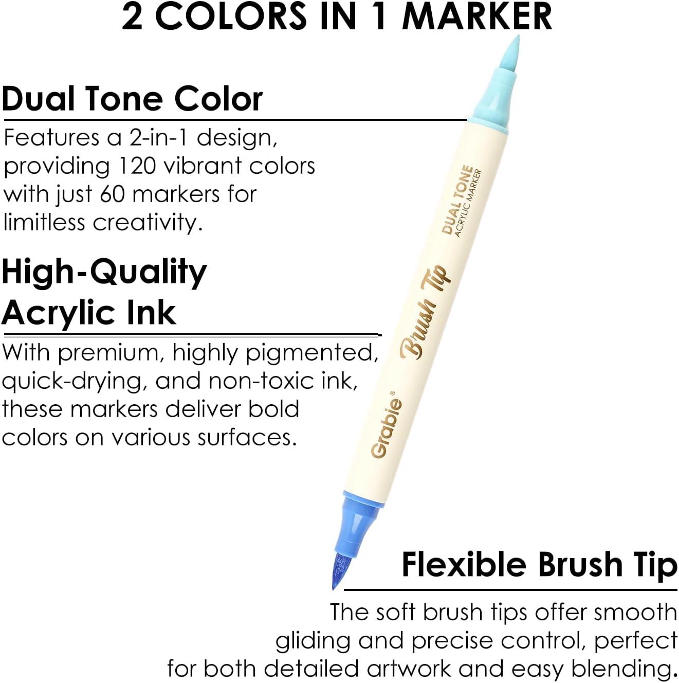image:imageGrabie 72 Colors Acrylic Paint Markers Soft Brush Tip Acrylic Markers Set Water Based Acrylic Markers for Wood Fabric Canvas Glass Stone Rock Painting and DIY Crafts Art Supplies Set of 36C60Pcs120Dual Tone Colors