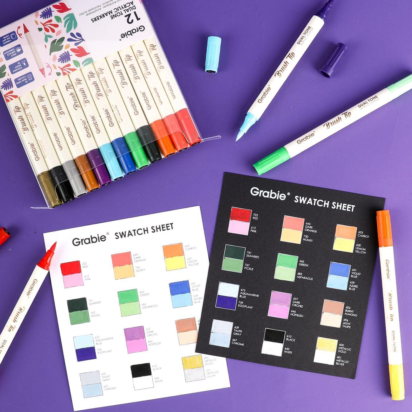 image:imageGrabie 72 Colors Acrylic Paint Markers Soft Brush Tip Acrylic Markers Set Water Based Acrylic Markers for Wood Fabric Canvas Glass Stone Rock Painting and DIY Crafts Art Supplies Set of 36A12Pcs24Dual Tone Colors