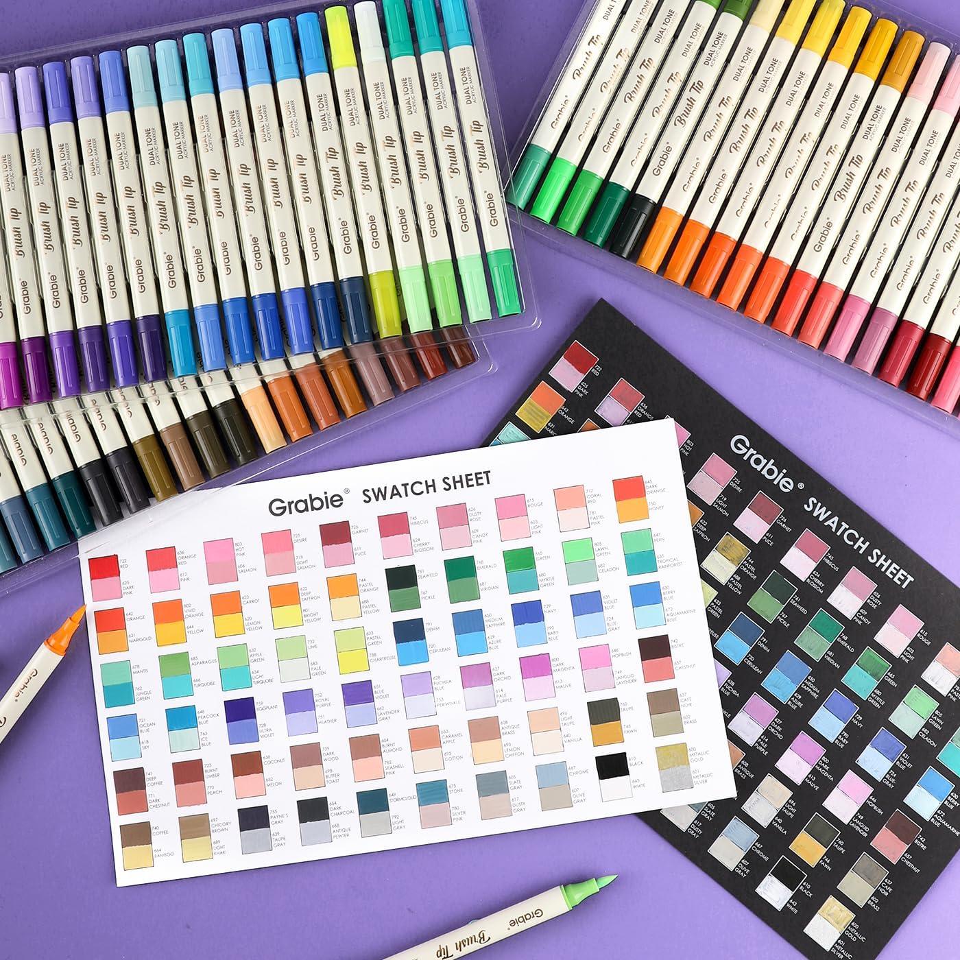 image:imageGrabie 72 Colors Acrylic Paint Markers Soft Brush Tip Acrylic Markers Set Water Based Acrylic Markers for Wood Fabric Canvas Glass Stone Rock Painting and DIY Crafts Art Supplies Set of 36C60Pcs120Dual Tone Colors