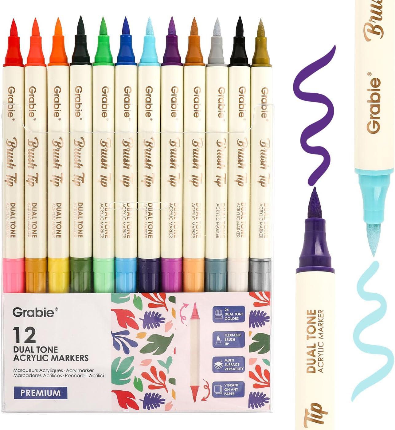 image:imageGrabie 72 Colors Acrylic Paint Markers Soft Brush Tip Acrylic Markers Set Water Based Acrylic Markers for Wood Fabric Canvas Glass Stone Rock Painting and DIY Crafts Art Supplies Set of 36A12Pcs24Dual Tone Colors