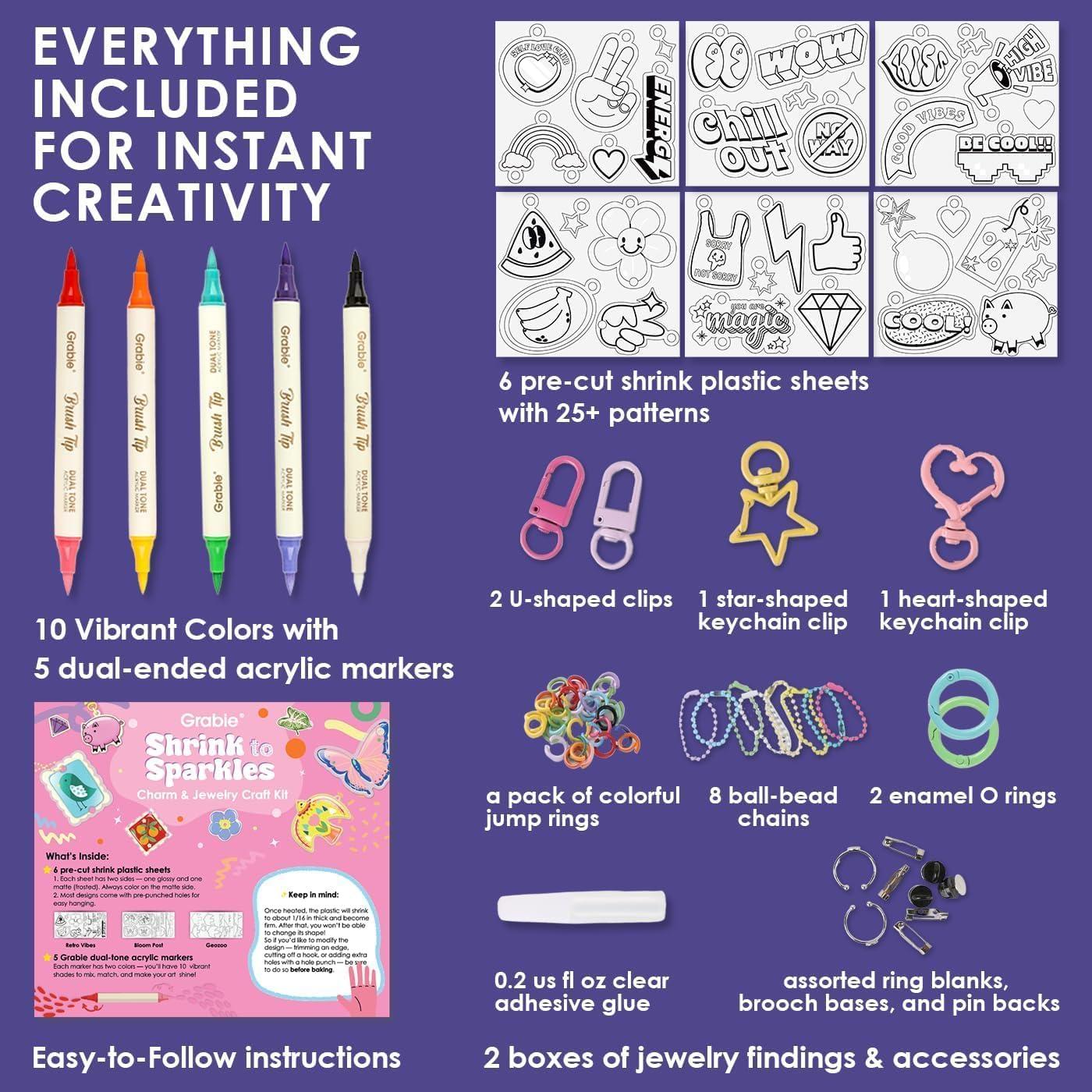 image:imageGrabie DIY Shrink Art Craft Kit Jewelry Making Kit for Kids Adults 25 PreCut Shapes 5 DualTip Markers Custom Charms Pins Rings Keychains Paws amp Wings Creative FreedomRetro Vibes Beginner Friendly