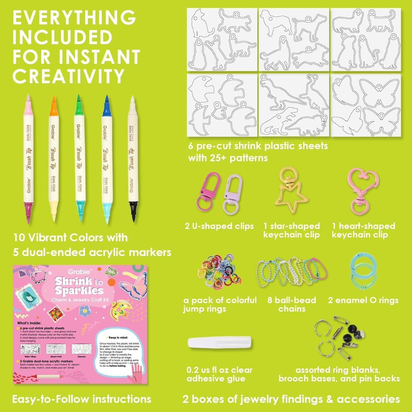 image:imageGrabie DIY Shrink Art Craft Kit Jewelry Making Kit for Kids Adults 25 PreCut Shapes 5 DualTip Markers Custom Charms Pins Rings Keychains Paws amp Wings Creative FreedomPaws Wings Creative Freedom