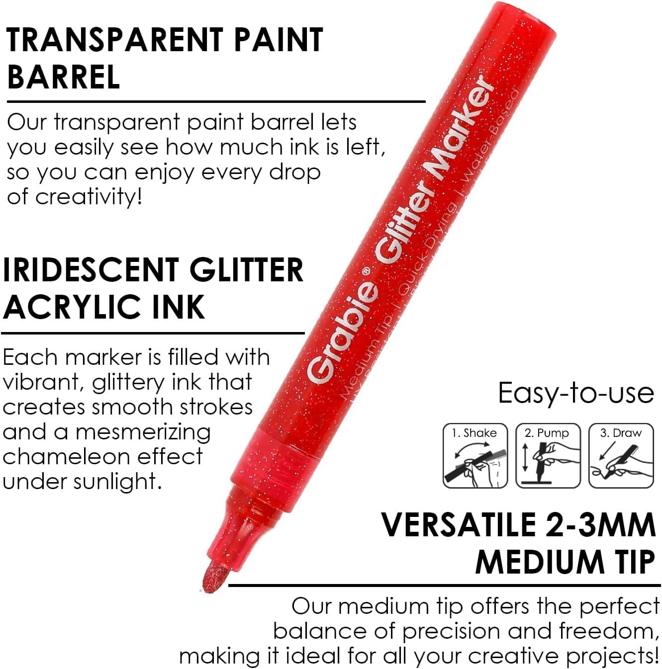 image:imageGrabie Glitter Markers 24 Pack Medium Tip Acrylic Paint Makers for Canvas Fabric Rock Painting QuickDrying WaterBased Metallic Glitter Pens for Paper DIY Crafts Art Supplies for Kids amp AdultsMedium Tip 24 Colors