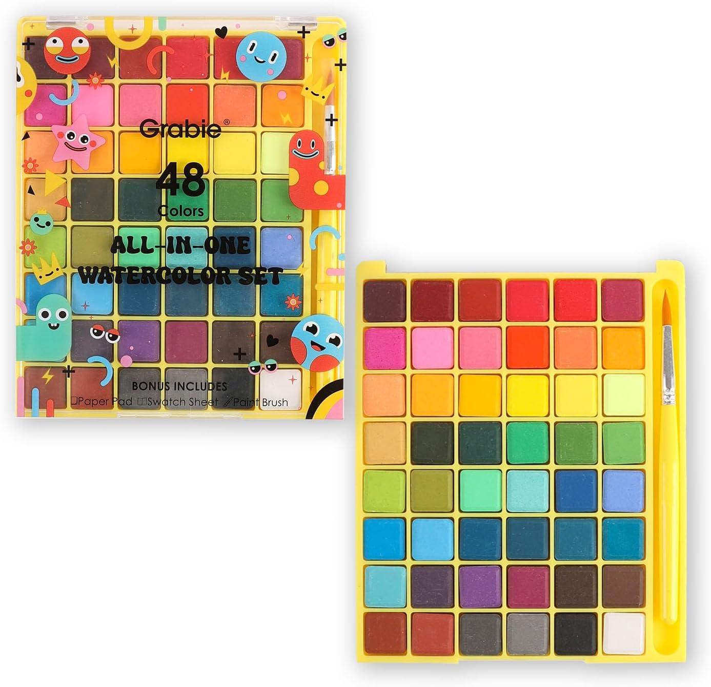image:imageGrabie Mini Watercolor Set 48 Colors with Brush Paper Pad and Swatch Sheet Travel Watercolors Painting Kit for Beginners
