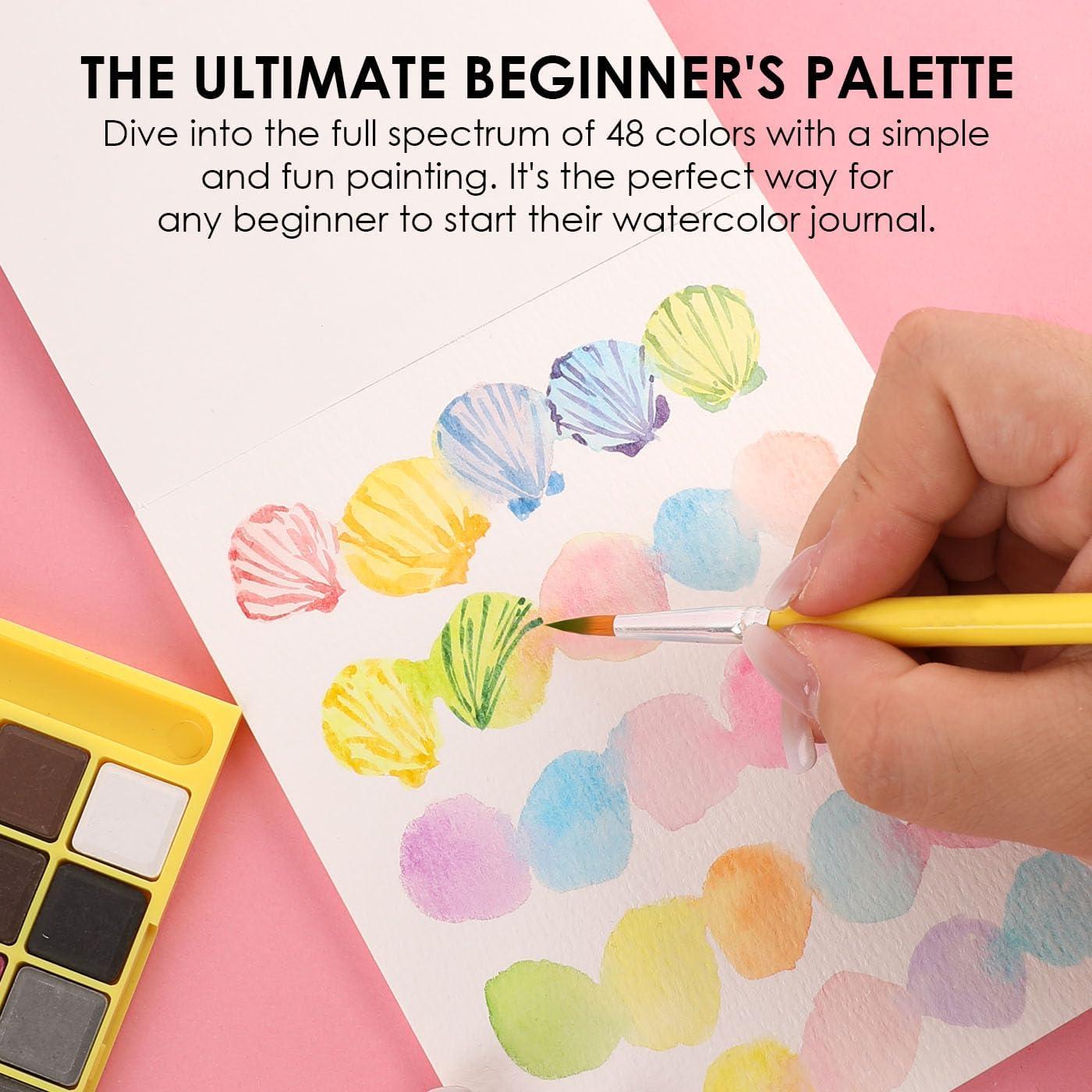 image:imageGrabie Mini Watercolor Set 48 Colors with Brush Paper Pad and Swatch Sheet Travel Watercolors Painting Kit for Beginners