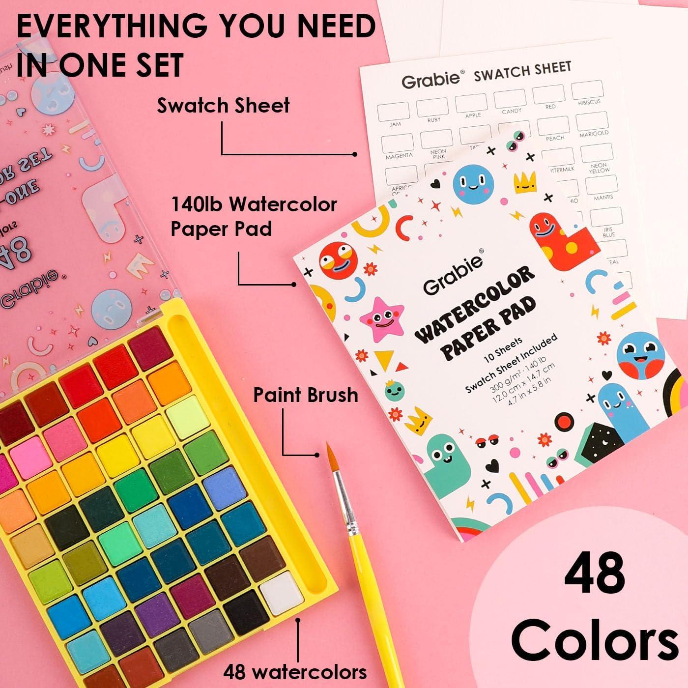 image:imageGrabie Mini Watercolor Set 48 Colors with Brush Paper Pad and Swatch Sheet Travel Watercolors Painting Kit for Beginners