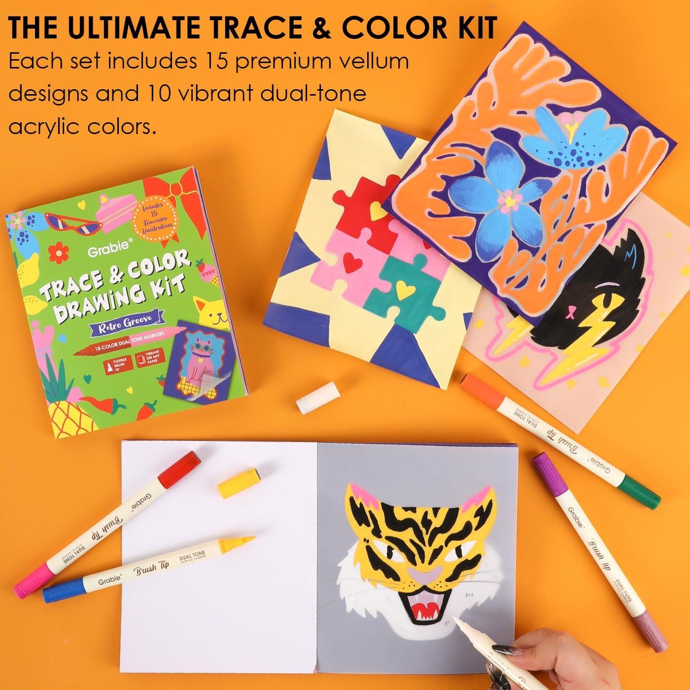 image:imageGrabie Trace and Color Drawing Kit Beginner Friendly AllinOne Tracing Art Set with Acrylic Dual Tip Markers 15 PrePrinted Designs Vellum Paper Creative Hobby Kit Artist Collaboration YetiRetro Groove Beginner