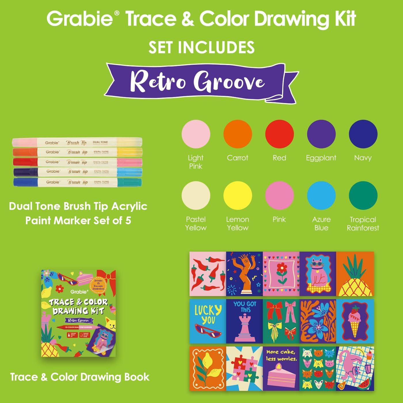 image:imageGrabie Trace and Color Drawing Kit Beginner Friendly AllinOne Tracing Art Set with Acrylic Dual Tip Markers 15 PrePrinted Designs Vellum Paper Creative Hobby Kit Artist Collaboration YetiRetro Groove Beginner