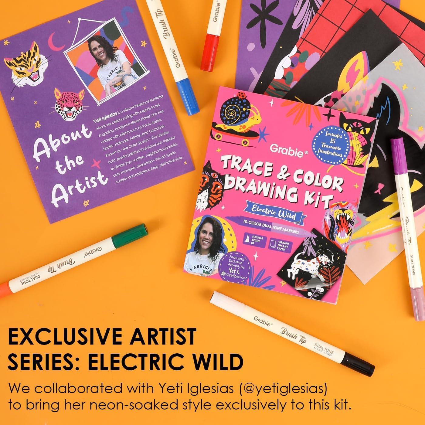 image:imageGrabie Trace and Color Drawing Kit Beginner Friendly AllinOne Tracing Art Set with Acrylic Dual Tip Markers 15 PrePrinted Designs Vellum Paper Creative Hobby Kit Artist Collaboration YetiElectric Wild Advanced