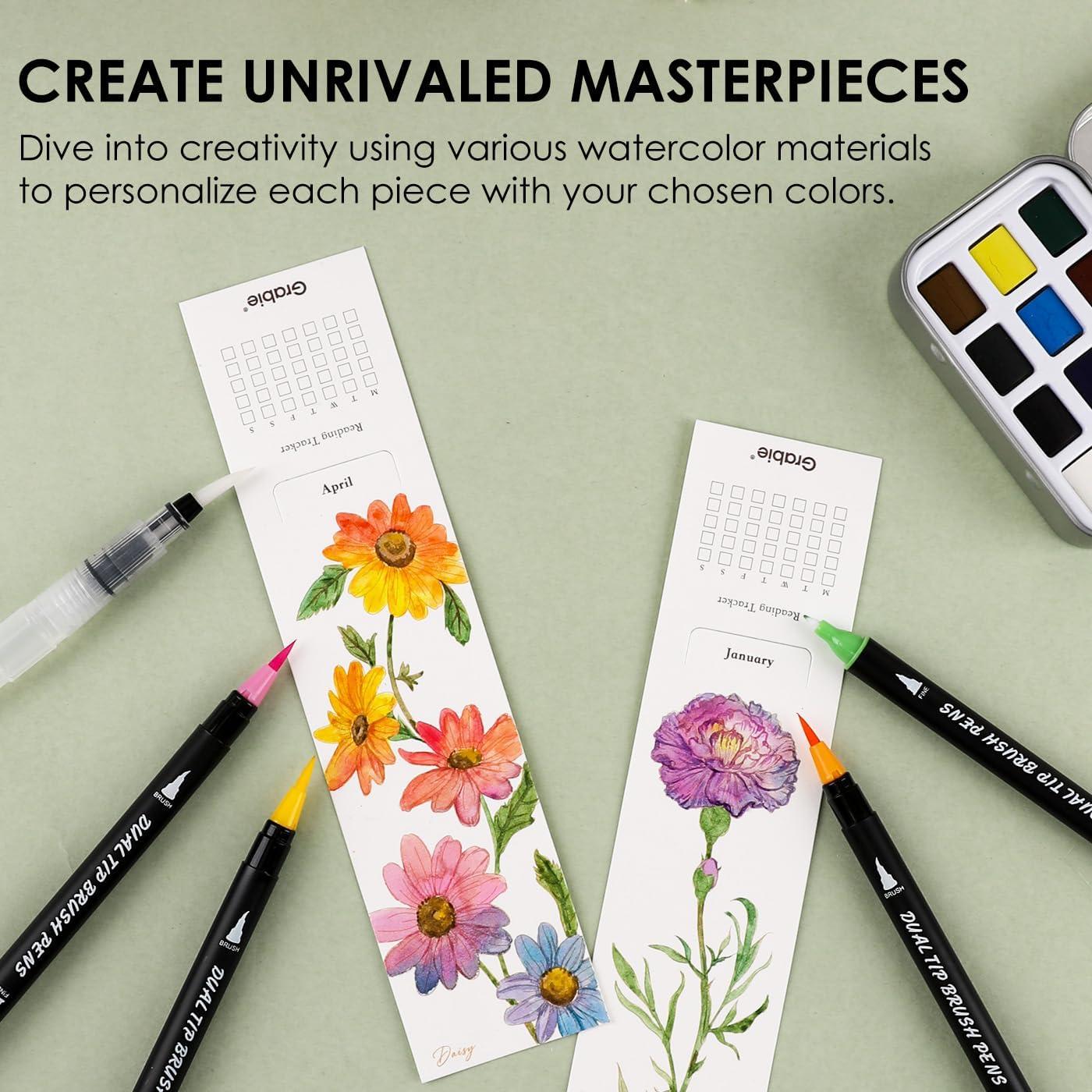 image:imageGrabie Watercolor Bookmarks Kit 12 Monthly Paintable Bookmarks for Women Men Reading Tracker for Book Lovers Coloring Book Pocket Watercolor Painting Paper