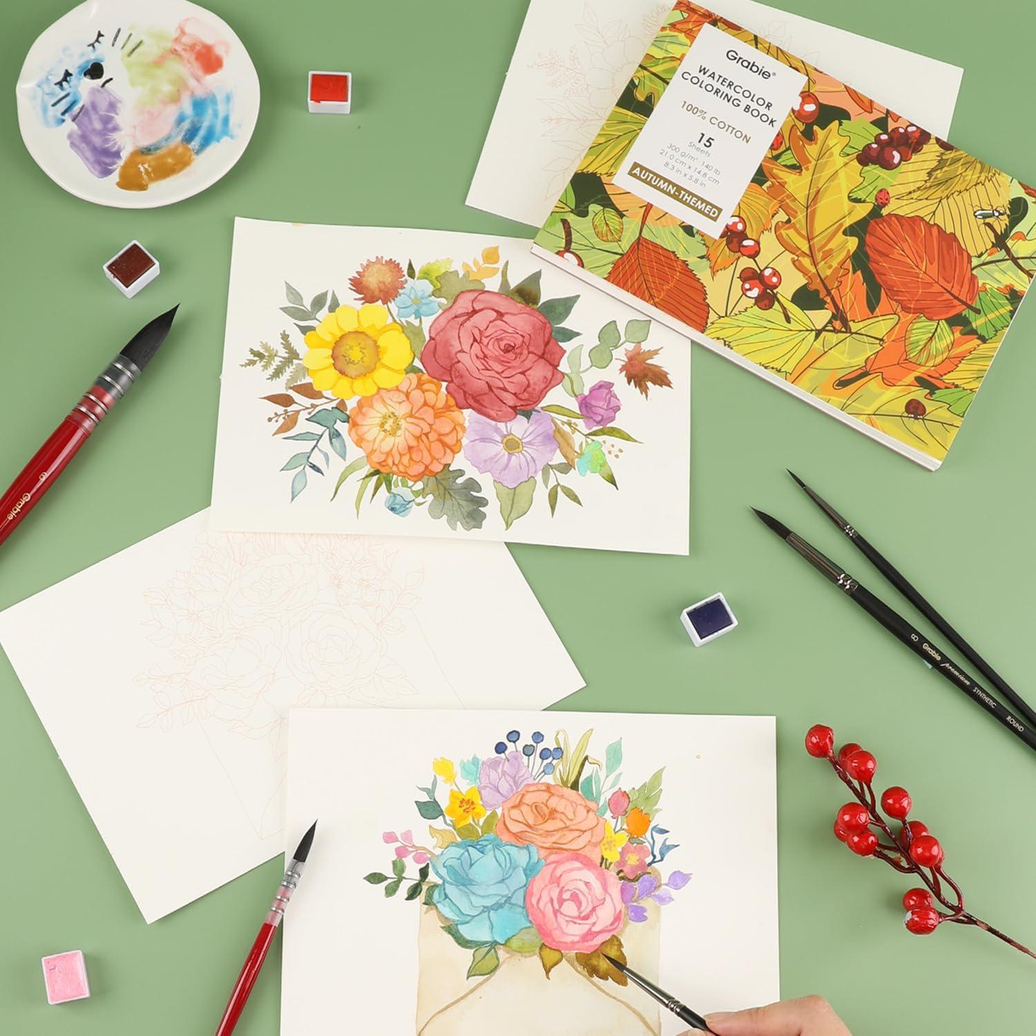 image:imageGrabie Watercolor Coloring Book 15 Sheets A5 83 x 58Watercolor Book for Adults Ignite Your Artistic Expression on 100 Cotton Paper LandScapeAutumn