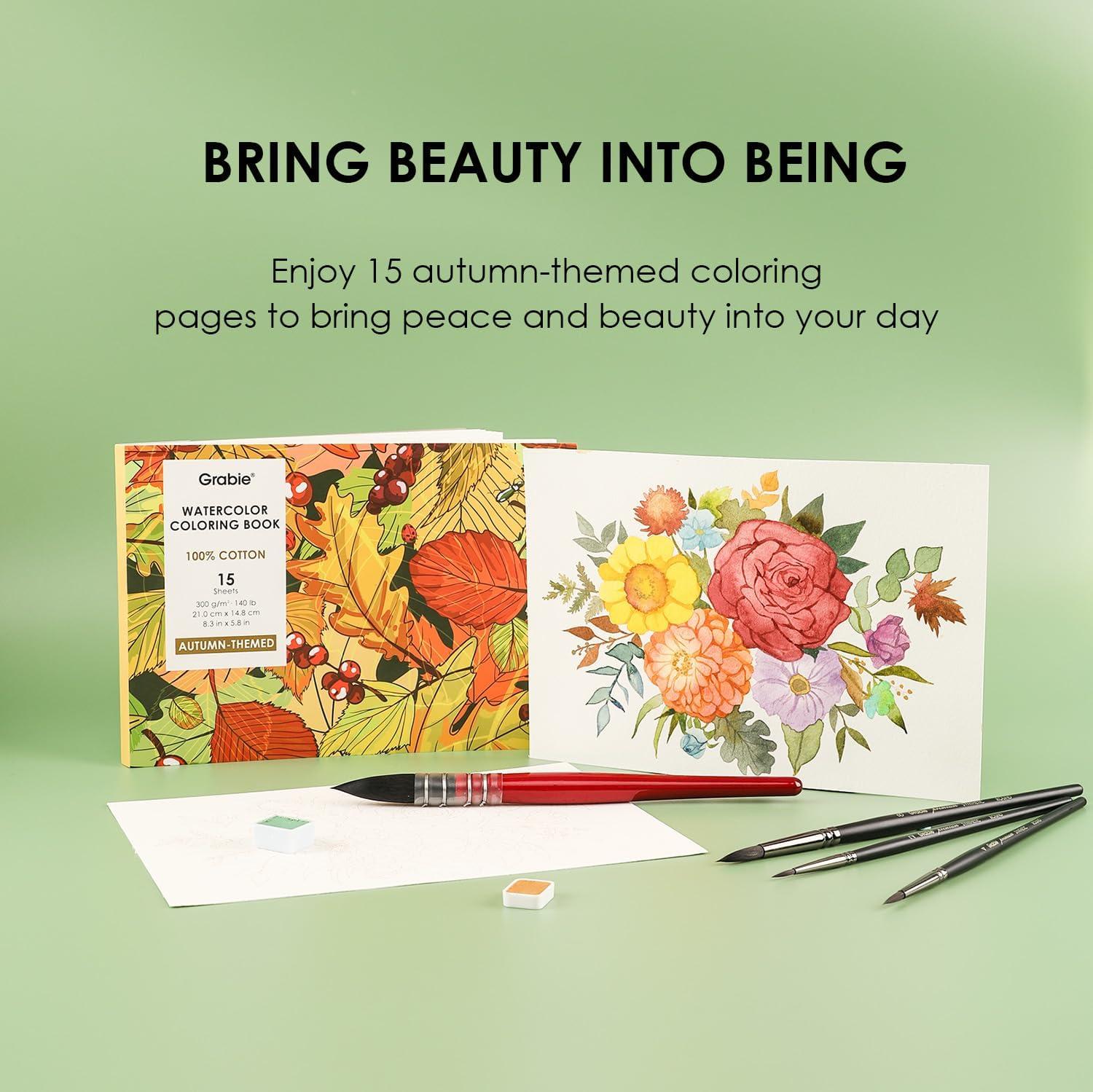 image:imageGrabie Watercolor Coloring Book 15 Sheets A5 83 x 58Watercolor Book for Adults Ignite Your Artistic Expression on 100 Cotton Paper LandScapeAutumn