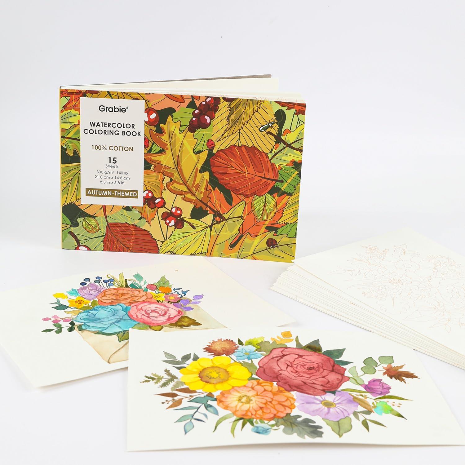 image:imageGrabie Watercolor Coloring Book 15 Sheets A5 83 x 58Watercolor Book for Adults Ignite Your Artistic Expression on 100 Cotton Paper LandScapeAutumn