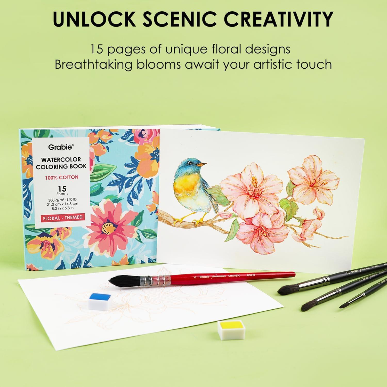image:imageGrabie Watercolor Coloring Book 15 Sheets A5 83 x 58Watercolor Book for Adults Ignite Your Artistic Expression on 100 Cotton Paper LandScapeFloral