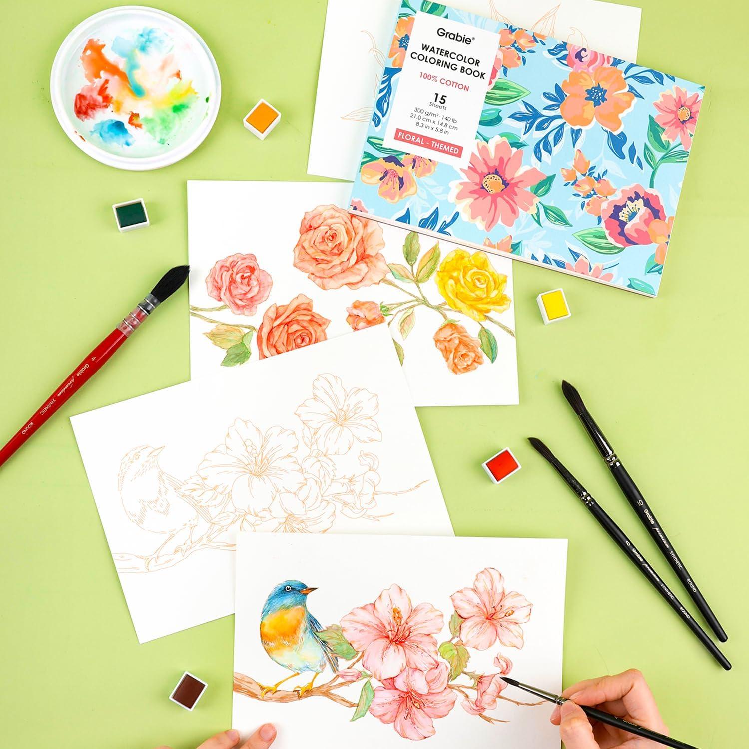 image:imageGrabie Watercolor Coloring Book 15 Sheets A5 83 x 58Watercolor Book for Adults Ignite Your Artistic Expression on 100 Cotton Paper LandScapeFloral
