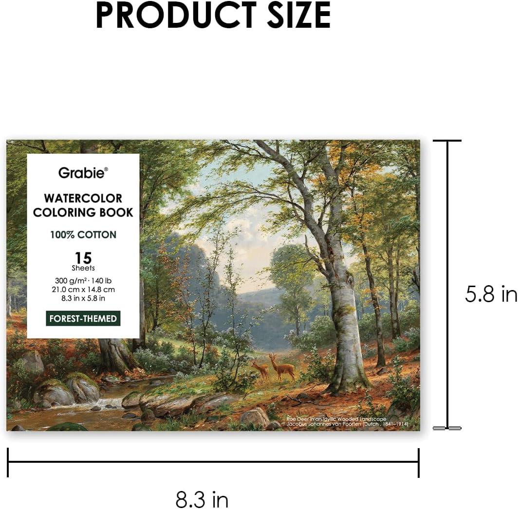 image:imageGrabie Watercolor Coloring Book 15 Sheets A5 83 x 58Watercolor Book for Adults Ignite Your Artistic Expression on 100 Cotton Paper LandScapeForest