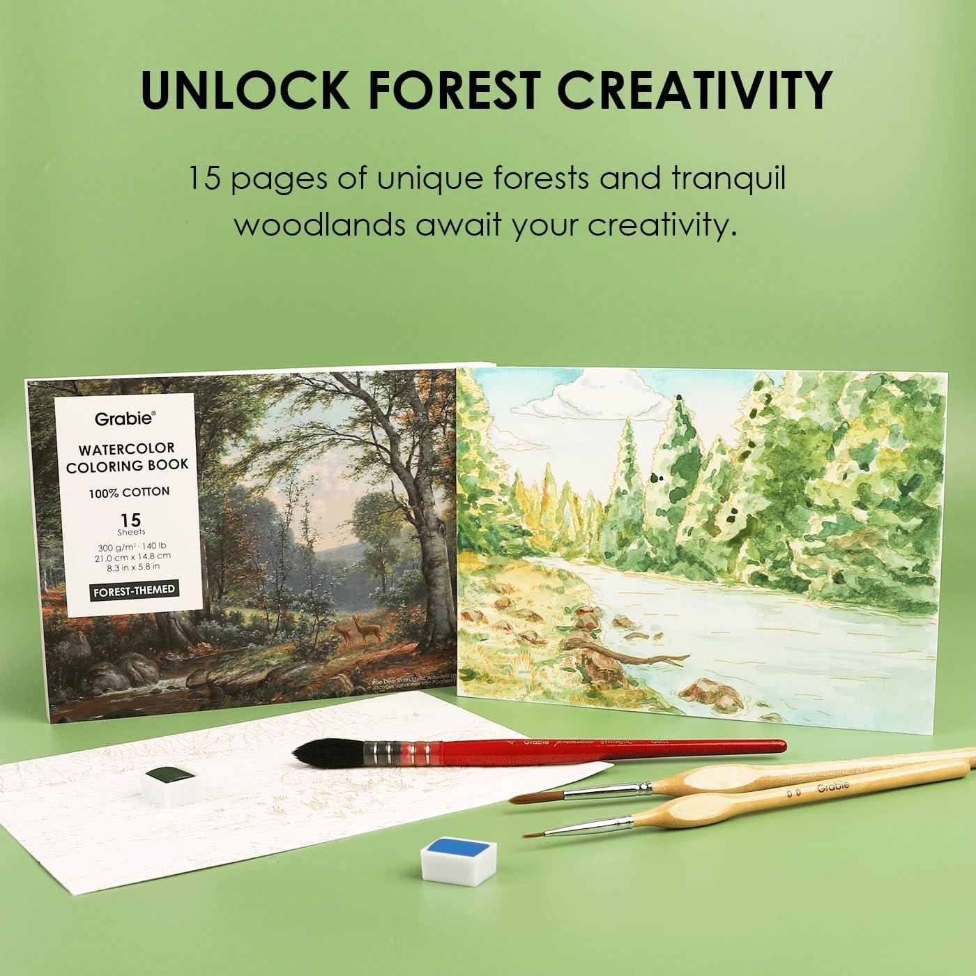 image:imageGrabie Watercolor Coloring Book 15 Sheets A5 83 x 58Watercolor Book for Adults Ignite Your Artistic Expression on 100 Cotton Paper LandScapeForest