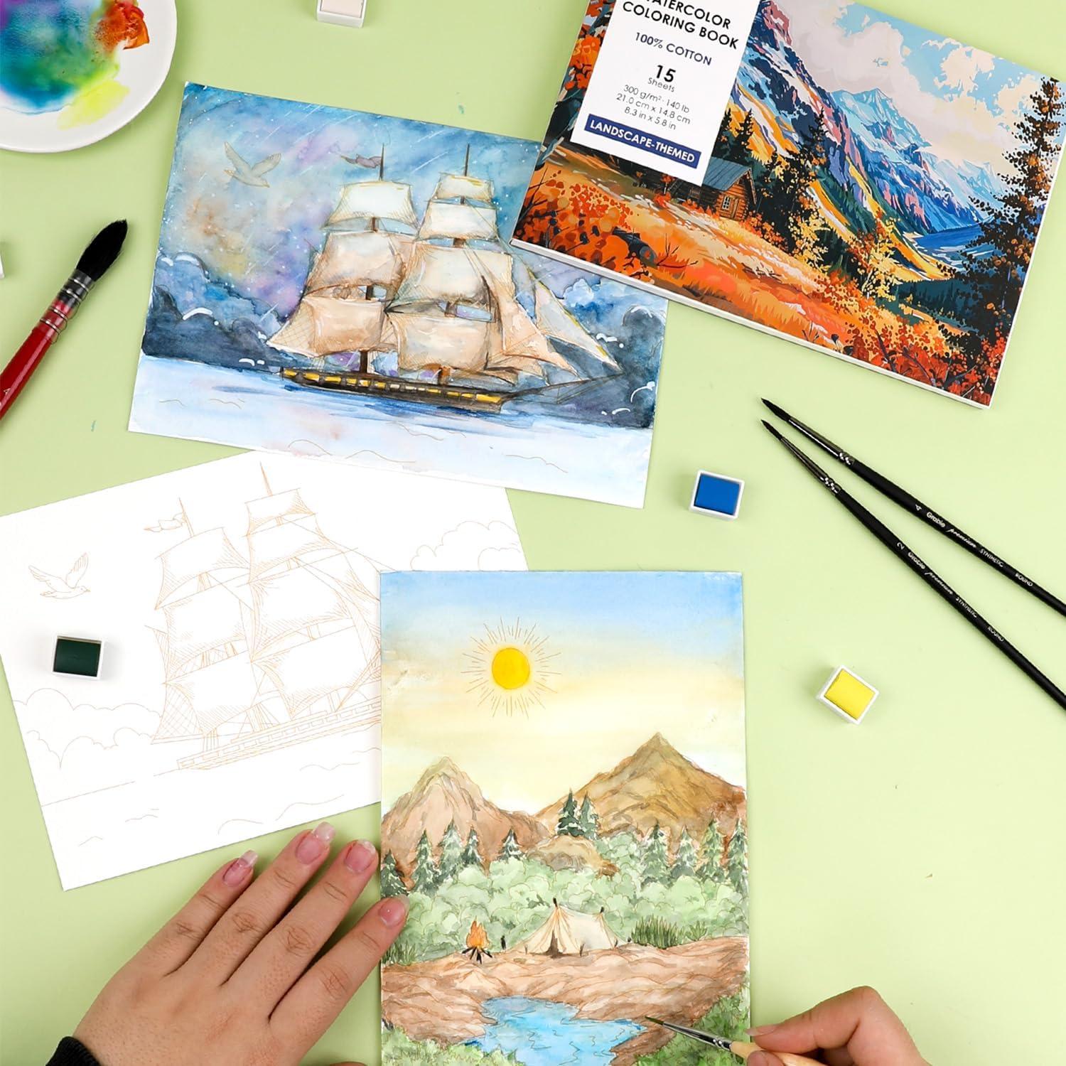 image:imageGrabie Watercolor Coloring Book 15 Sheets A5 83 x 58Watercolor Book for Adults Ignite Your Artistic Expression on 100 Cotton Paper LandScapeLandscape