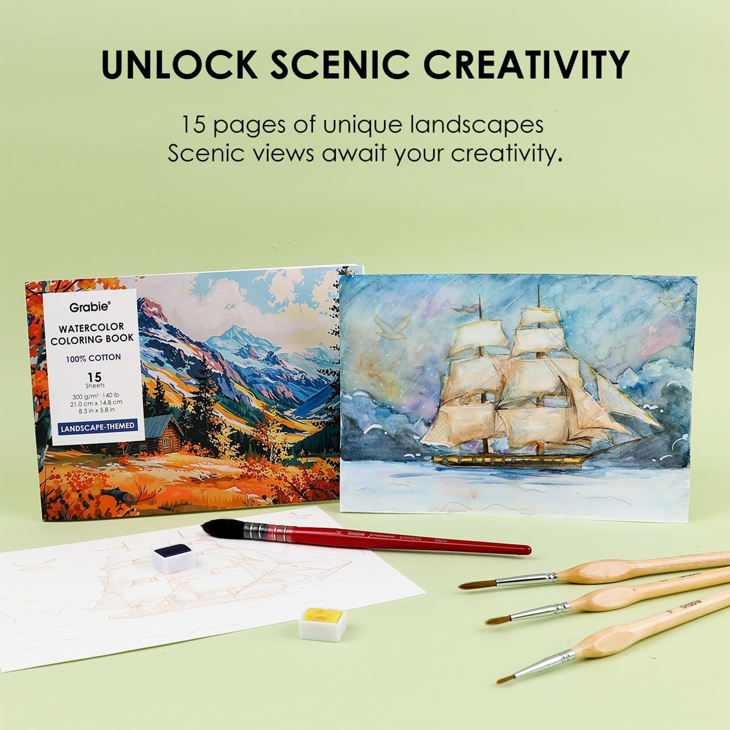 image:imageGrabie Watercolor Coloring Book 15 Sheets A5 83 x 58Watercolor Book for Adults Ignite Your Artistic Expression on 100 Cotton Paper LandScapeLandscape